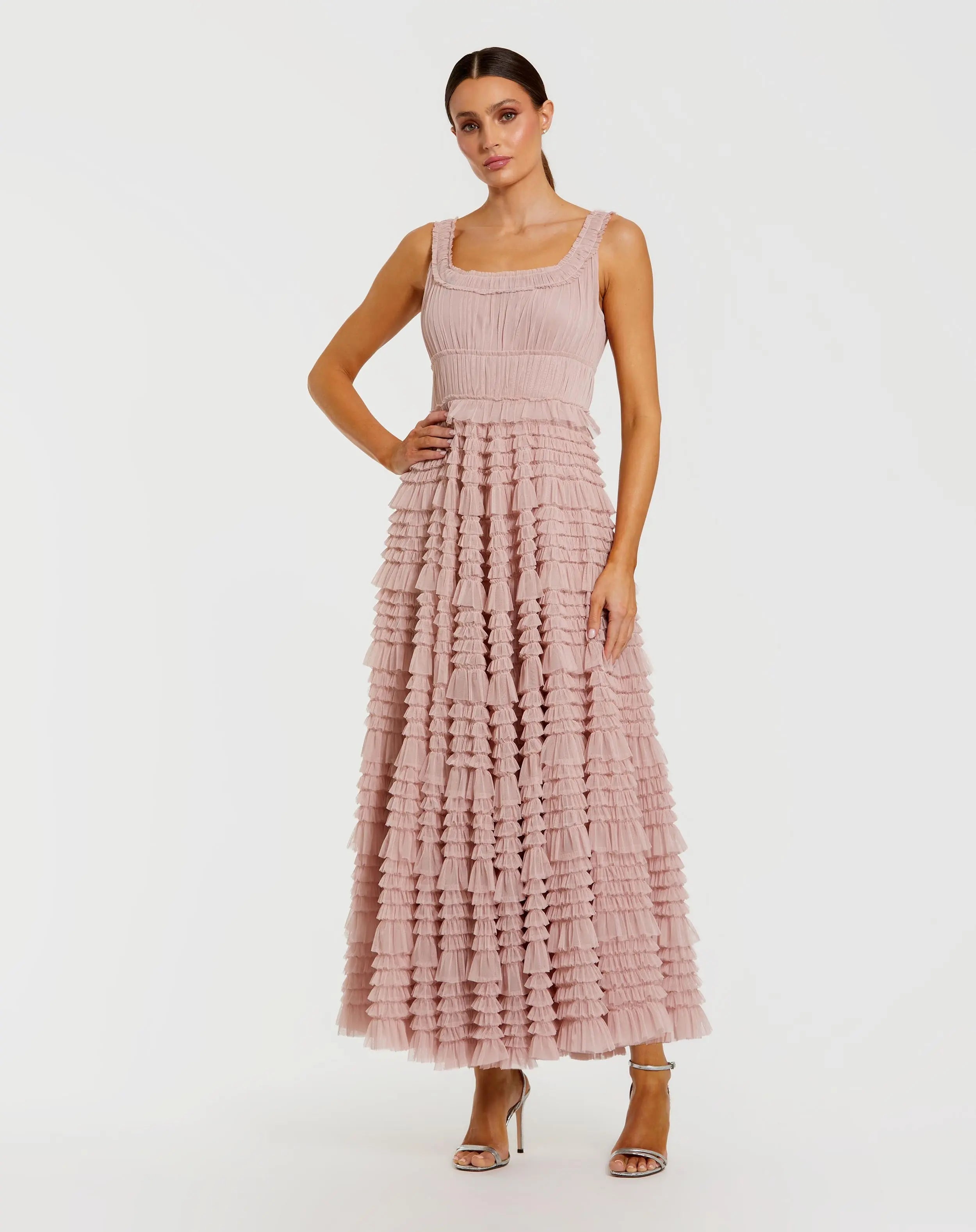 Pink Micro Ruffle Sleeveless Scoop Neck Maxi Dress-Myartka