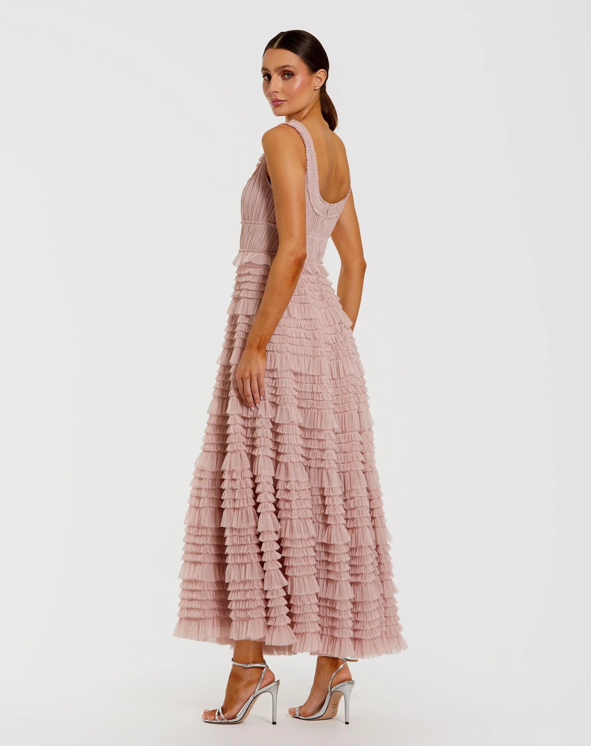Pink Micro Ruffle Sleeveless Scoop Neck Maxi Dress-Myartka