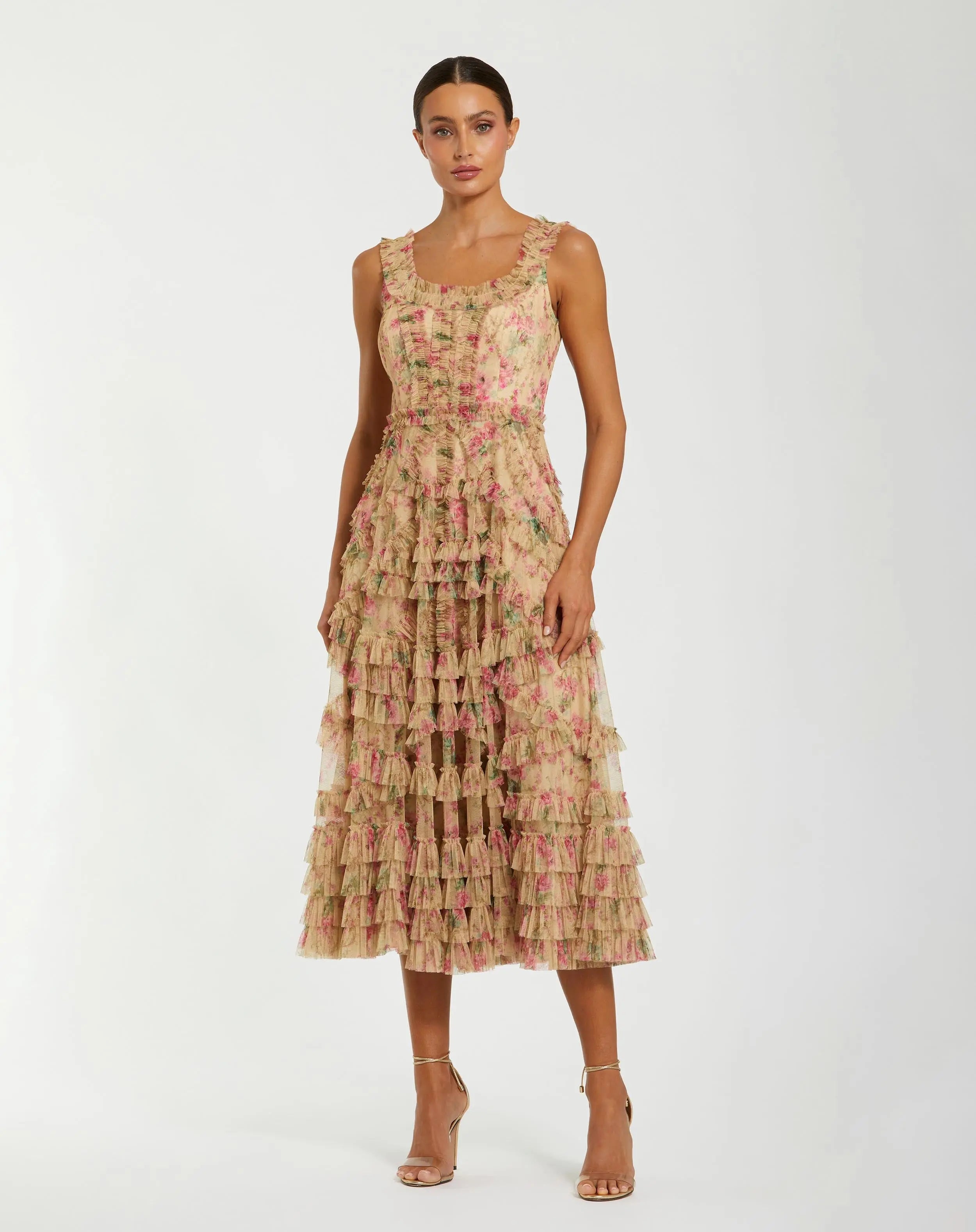 Beige Floral Printed Sleeveless Ruffle Midi Dress-Myartka