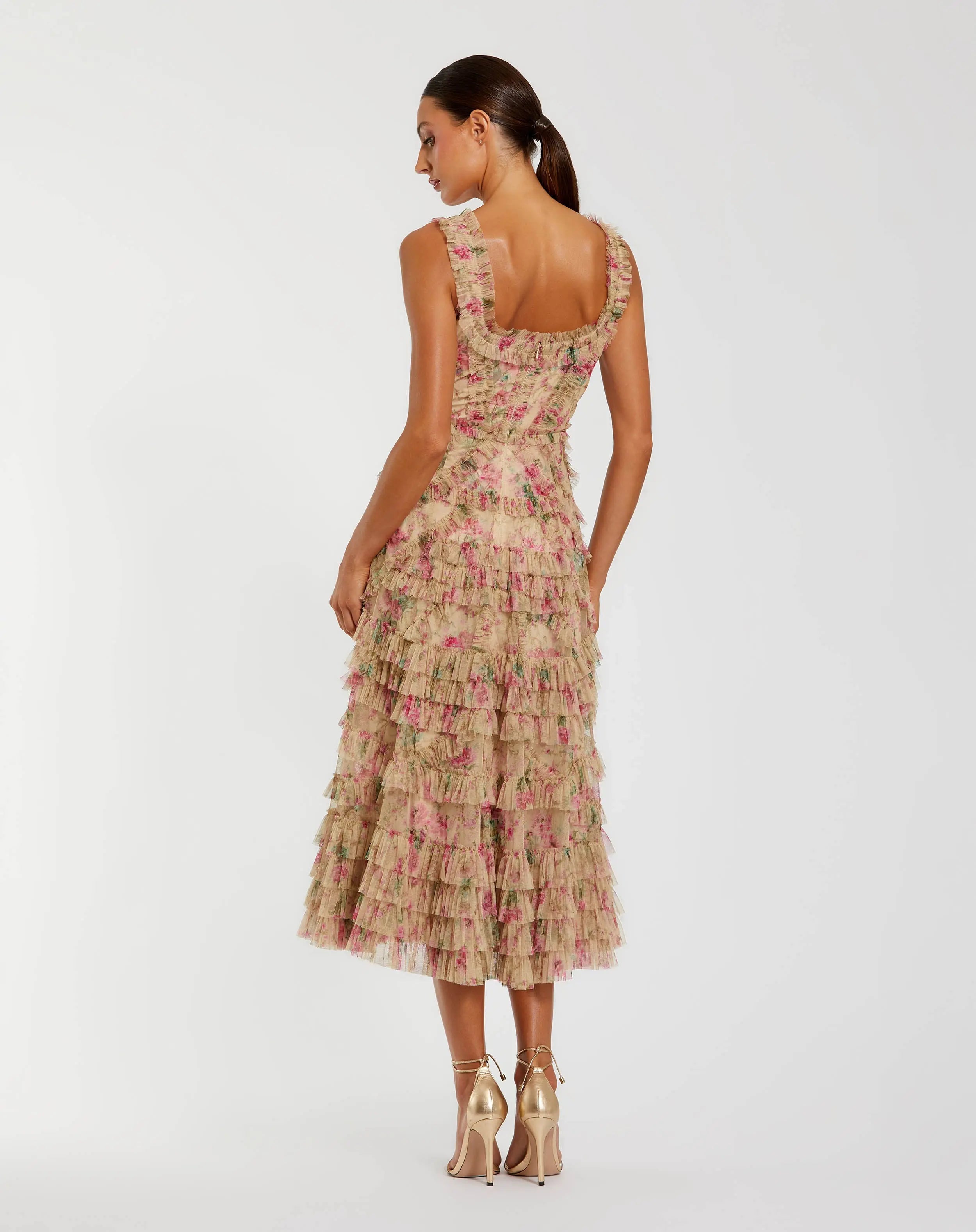 Beige Floral Printed Sleeveless Ruffle Midi Dress-Myartka
