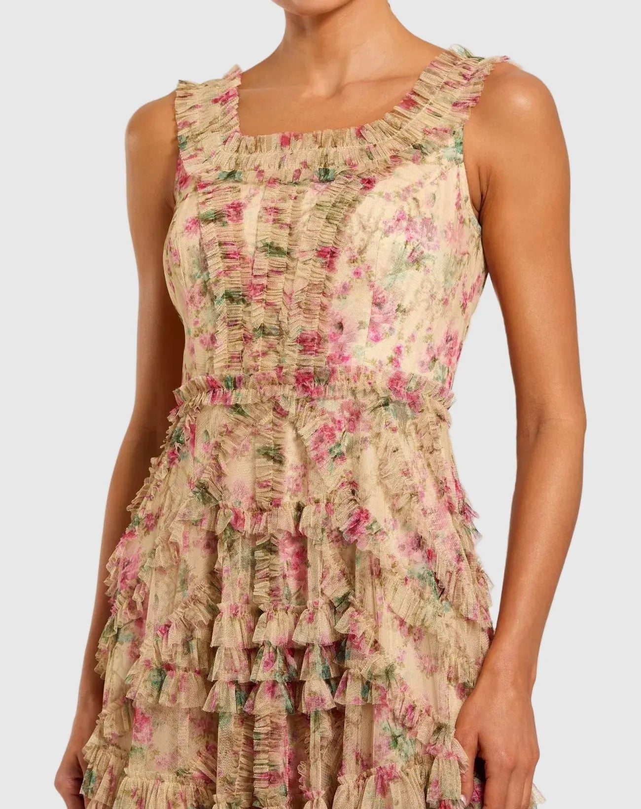 Beige Floral Printed Sleeveless Ruffle Midi Dress-Myartka