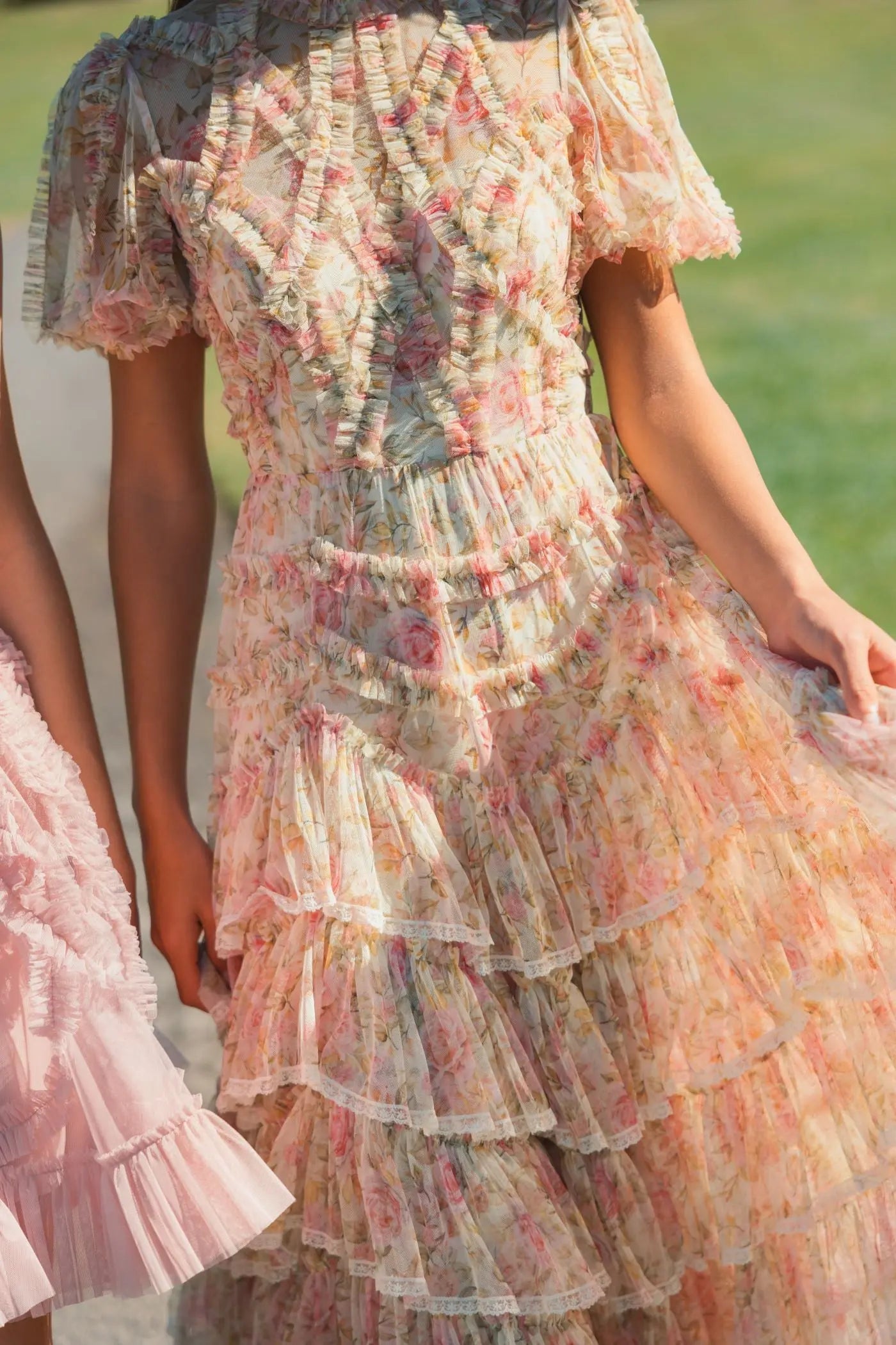 Beige Floral High Neck Midi Dress with Lace Trim-Myartka