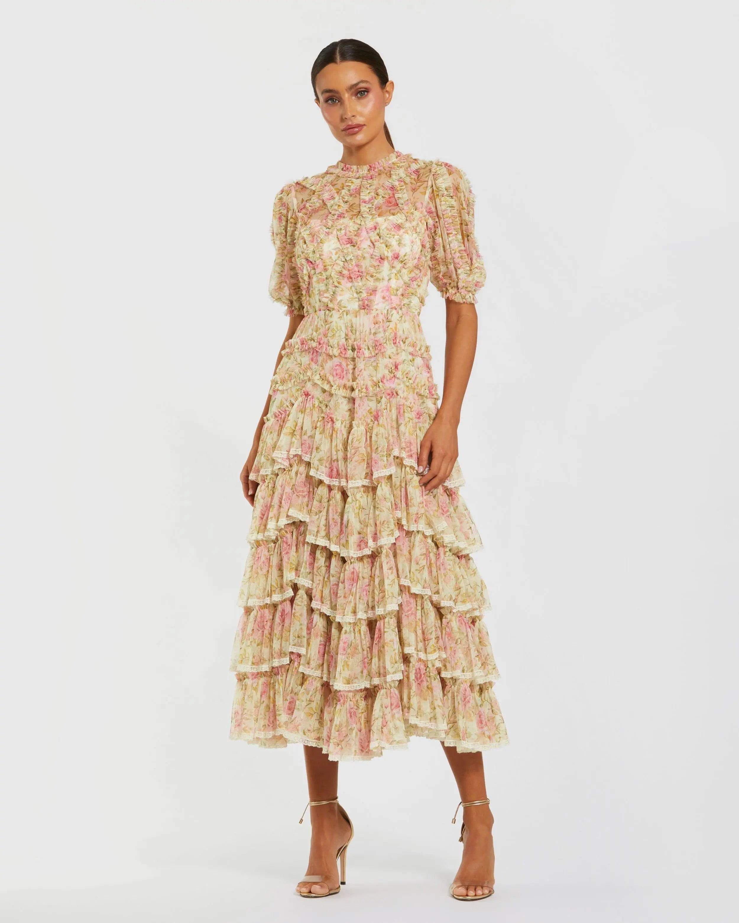 Beige Floral High Neck Midi Dress with Lace Trim-Myartka