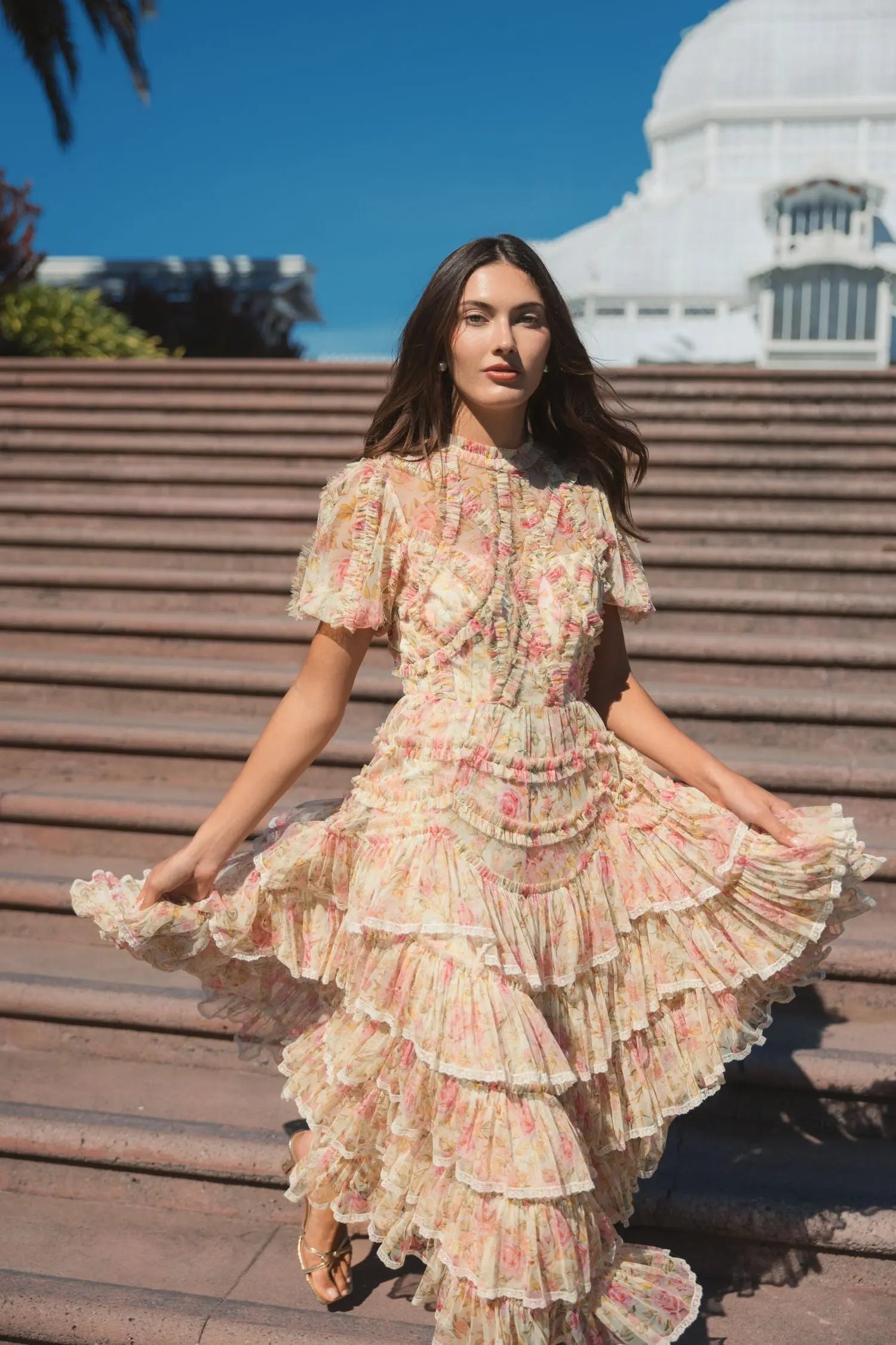 Beige Floral High Neck Midi Dress with Lace Trim-Myartka