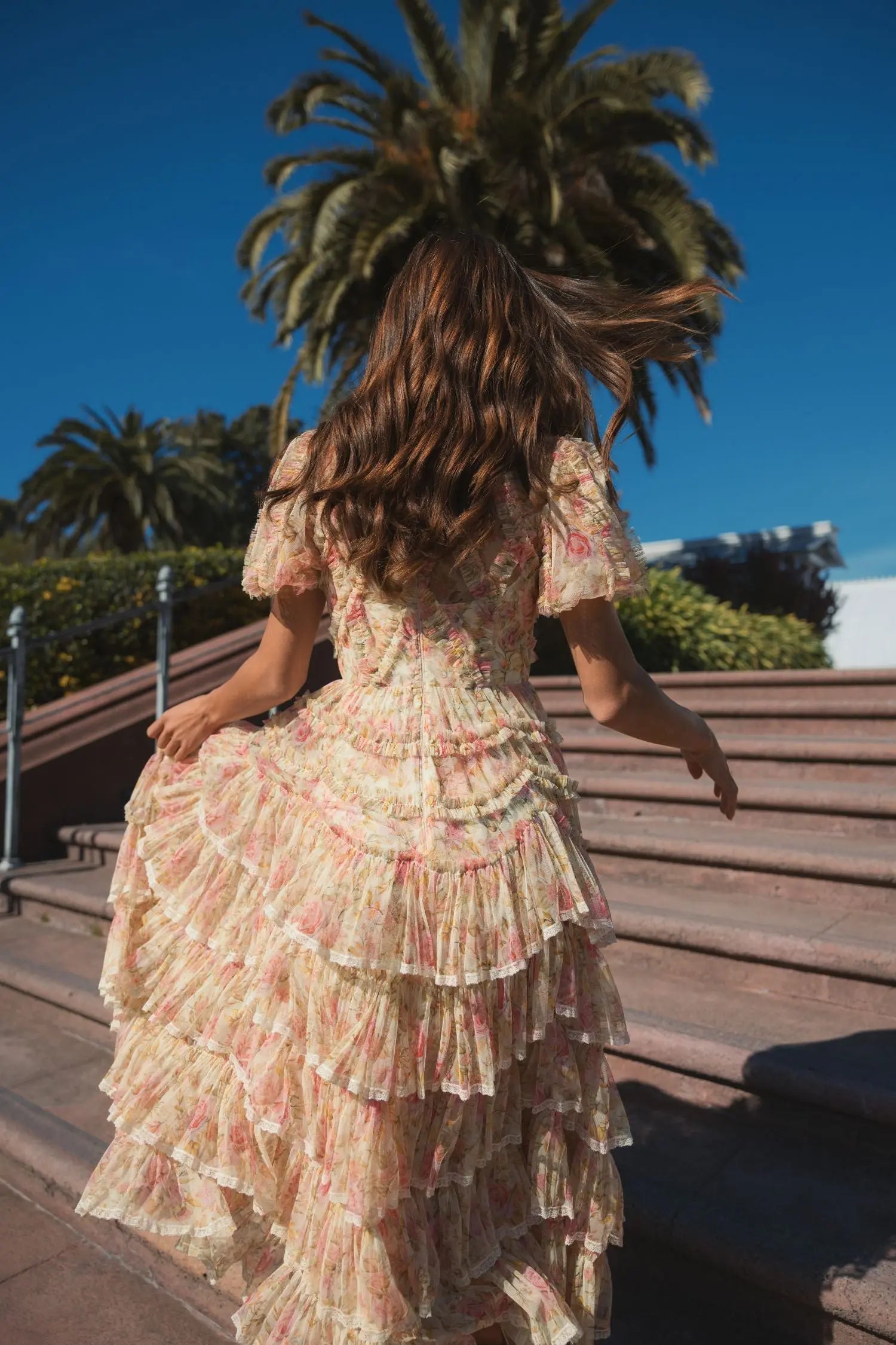 Beige Floral High Neck Midi Dress with Lace Trim-Myartka