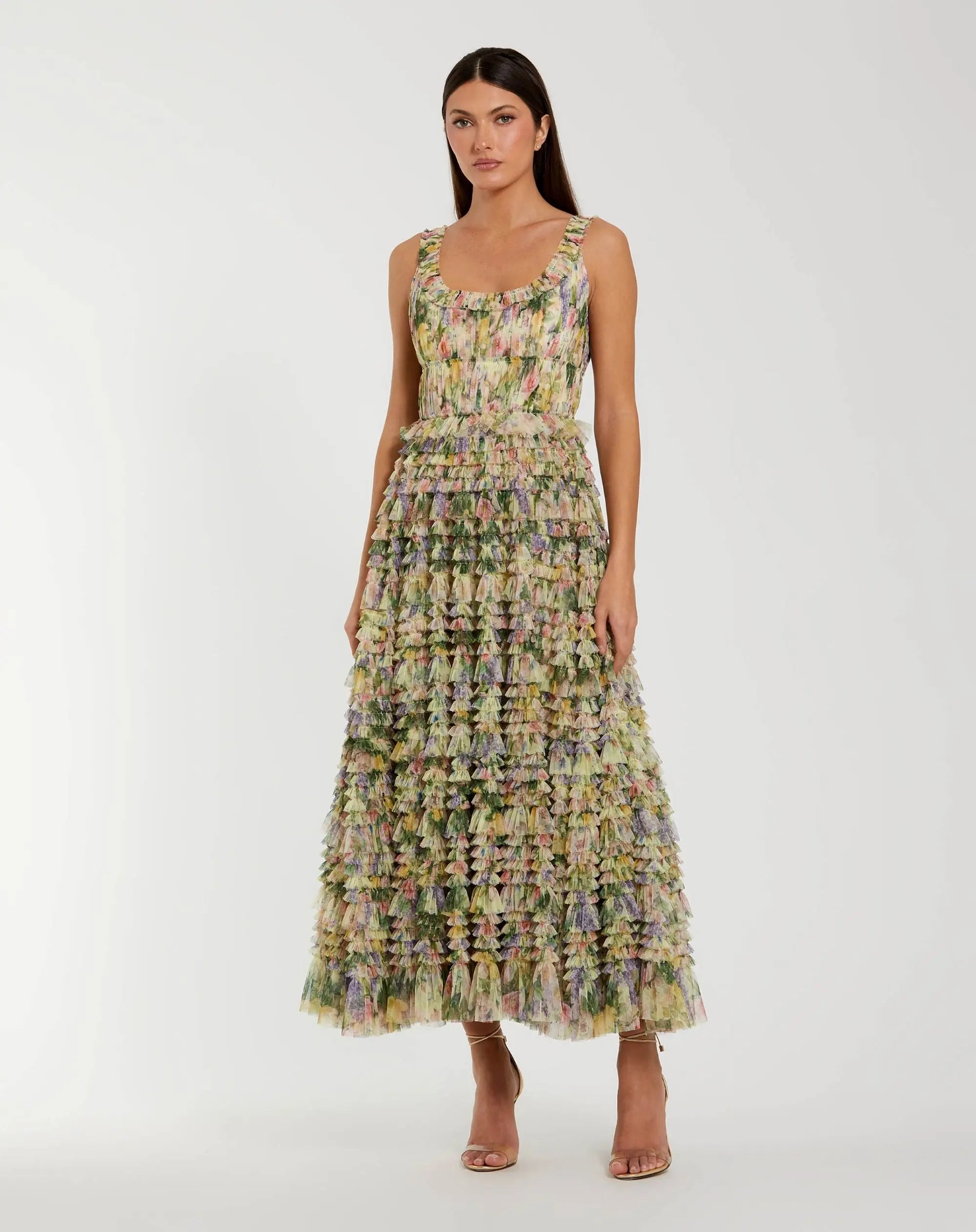 Yellow Multicolor Floral Printed Ruffle Midi Dress-Myartka