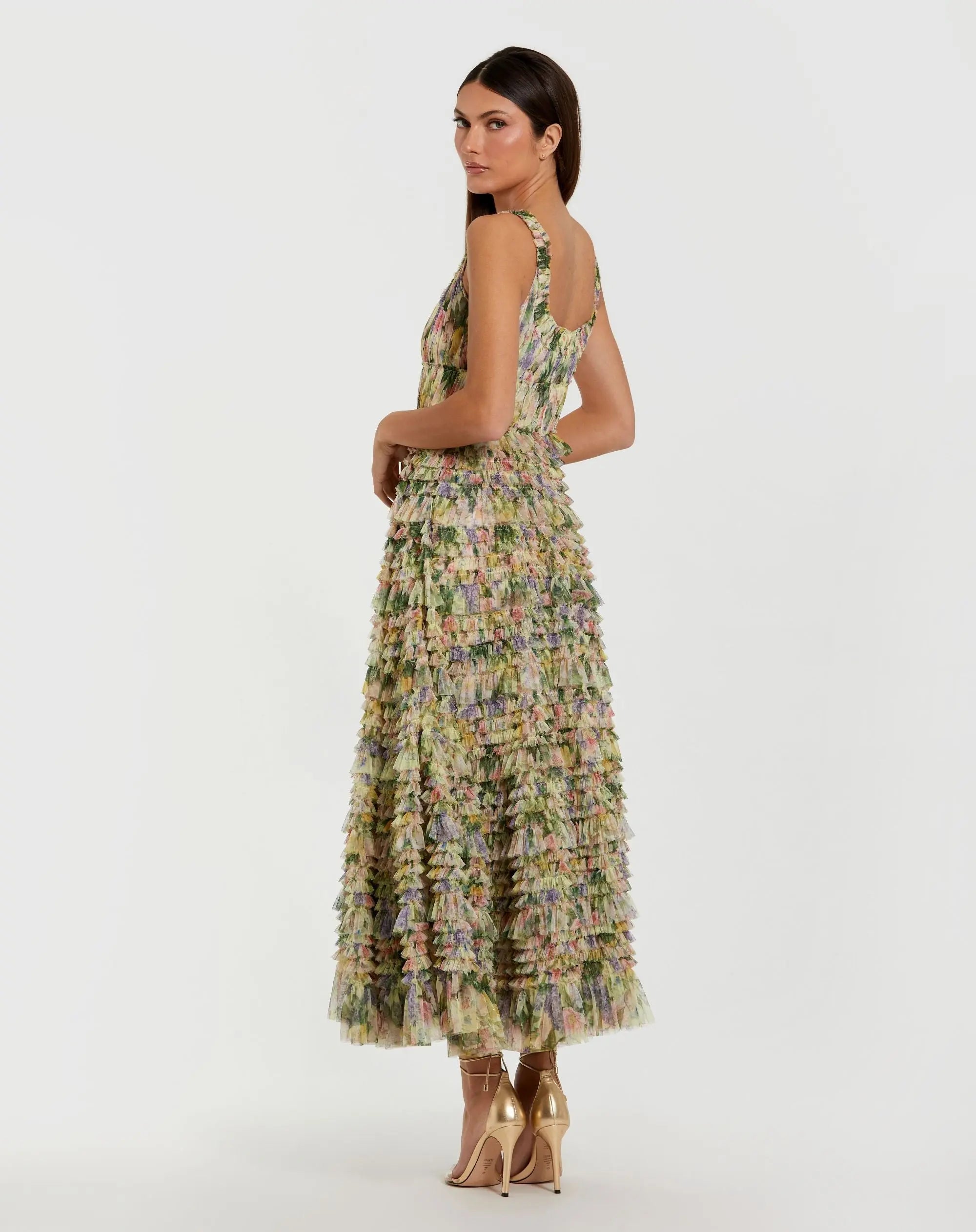 Yellow Multicolor Floral Printed Ruffle Midi Dress-Myartka