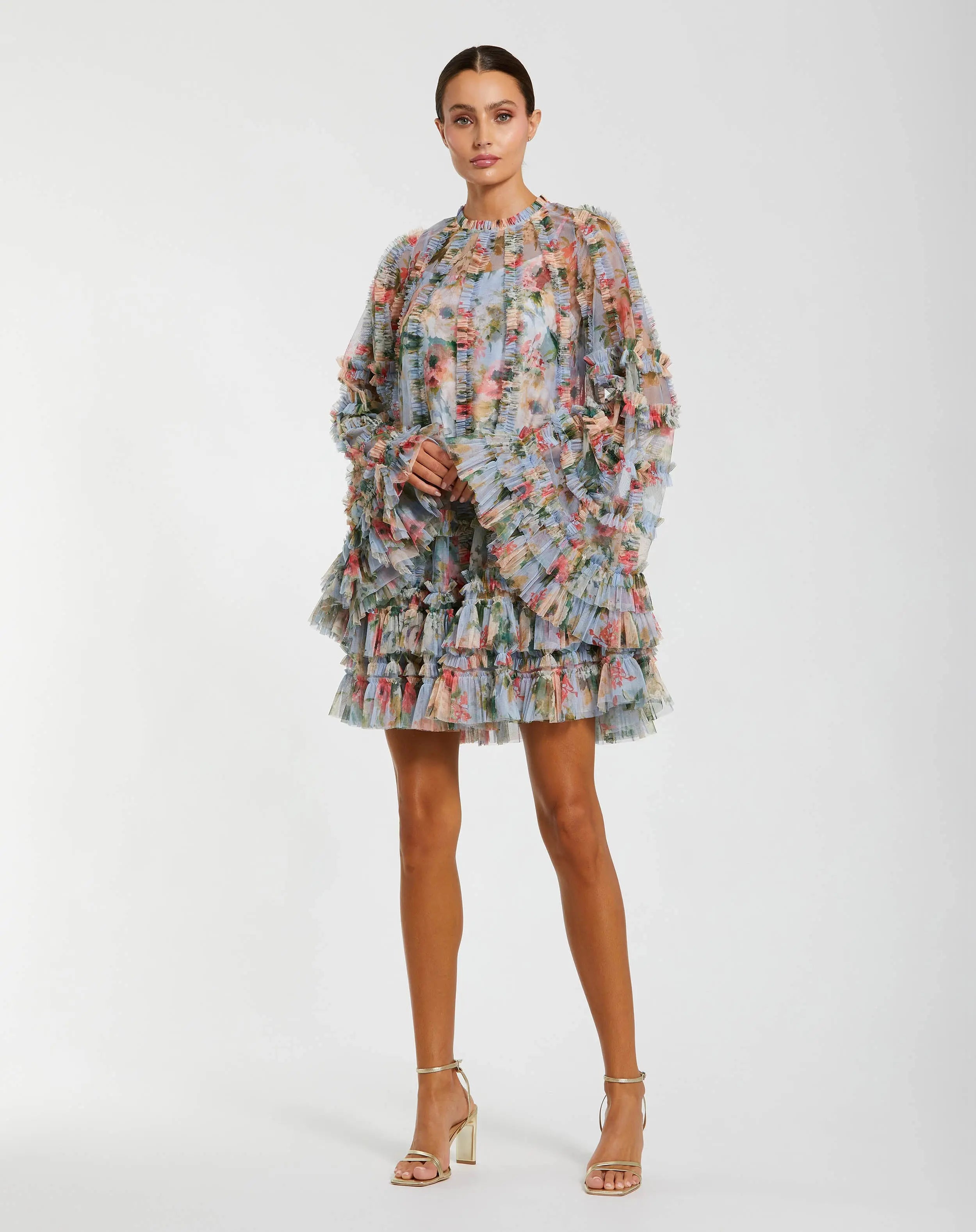 Blue Printed Mesh Ruffle High Neck Mini Dress-Myartka