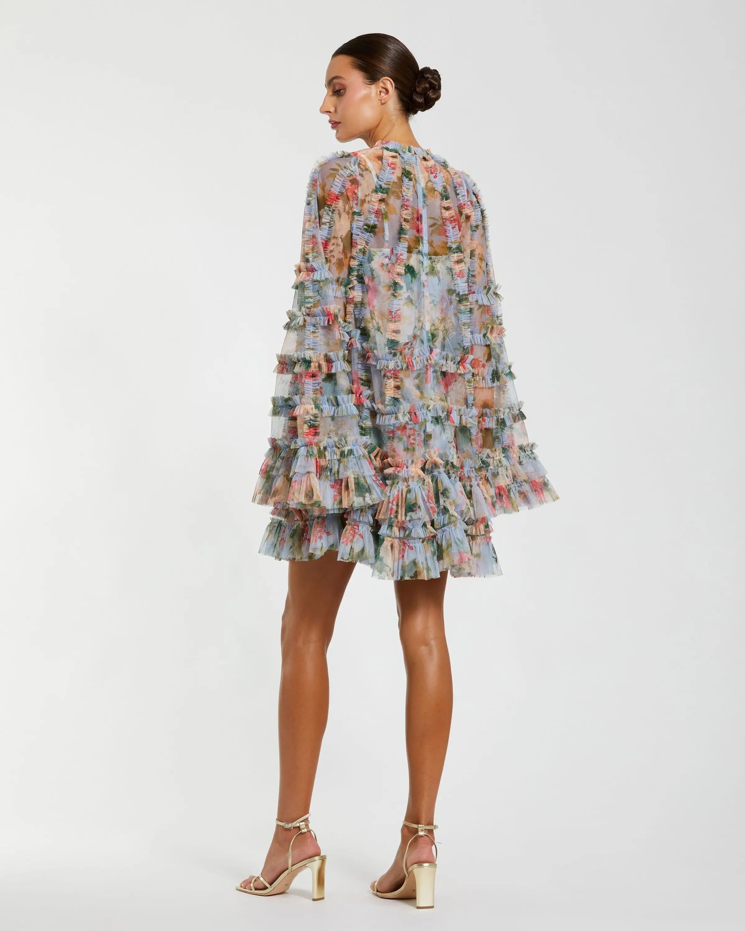 Blue Printed Mesh Ruffle High Neck Mini Dress-Myartka