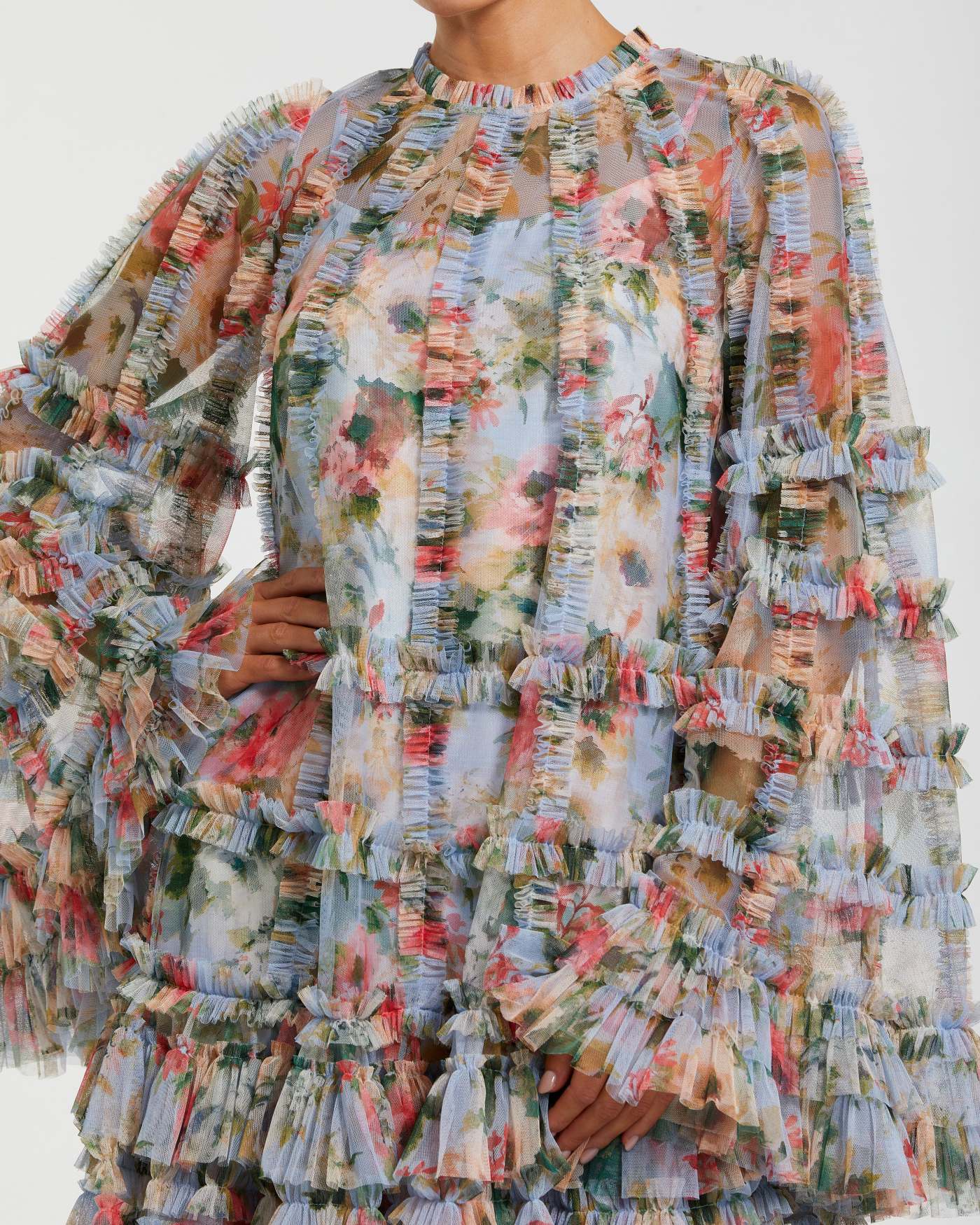 Blue Printed Mesh Ruffle High Neck Mini Dress-Myartka