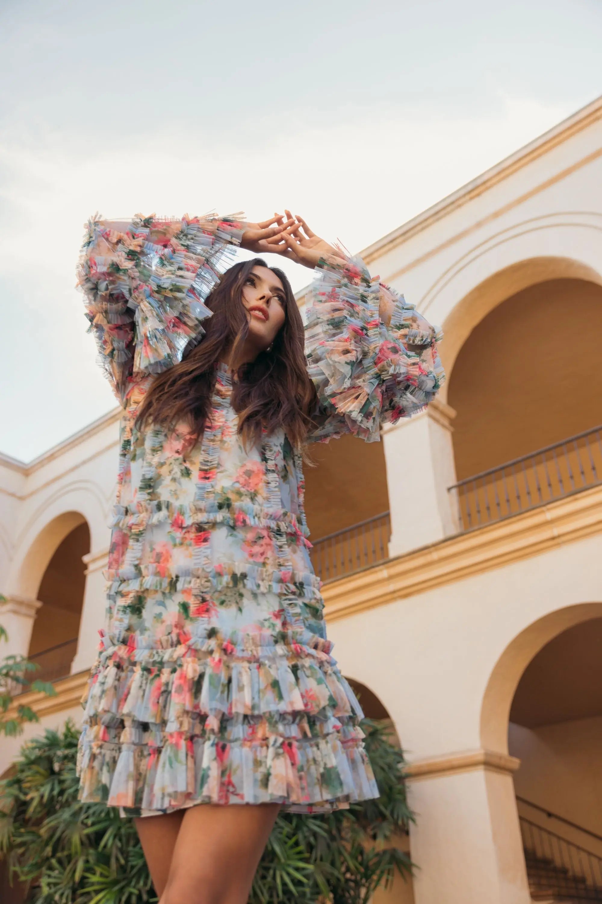 Blue Printed Mesh Ruffle High Neck Mini Dress-Myartka