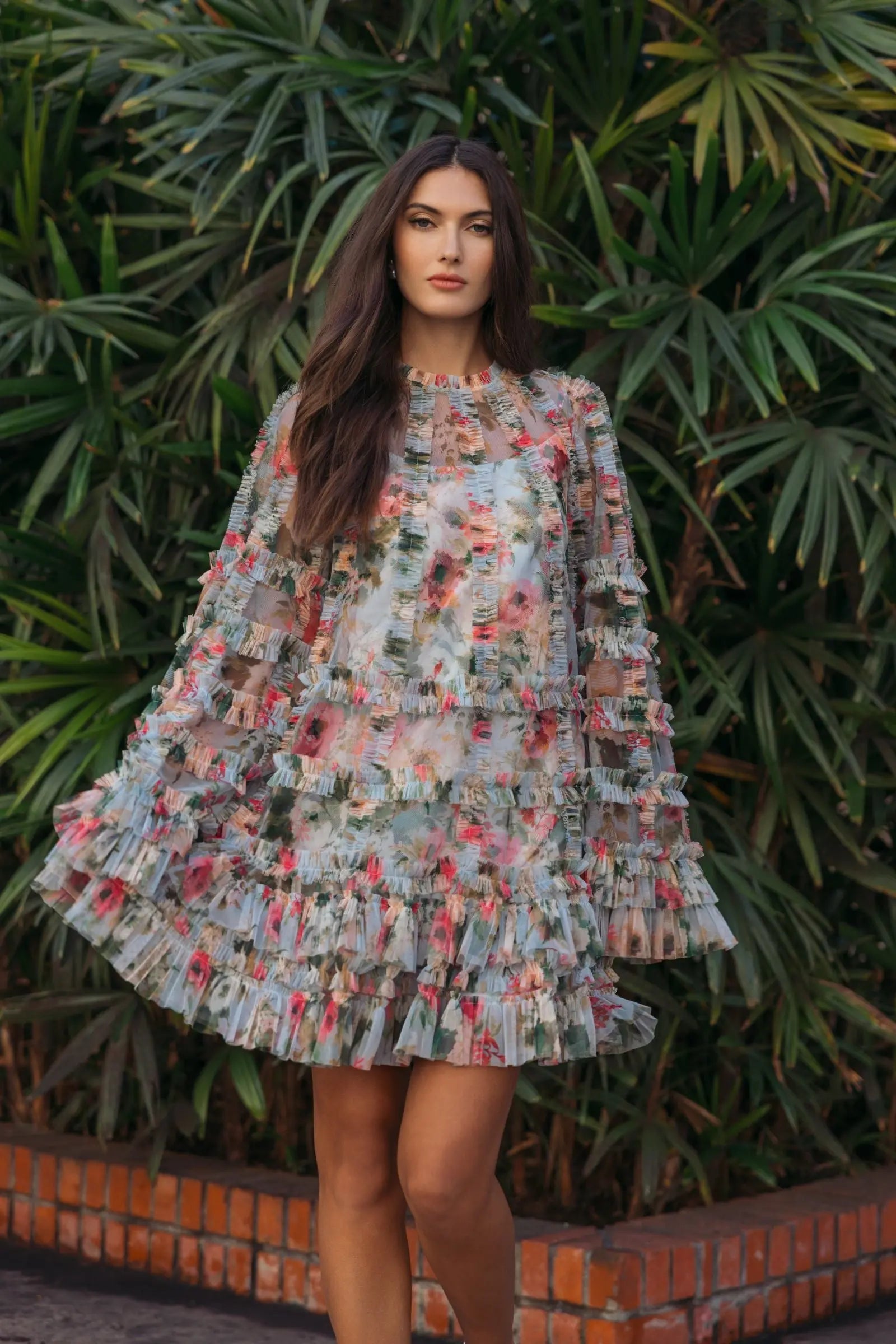 Blue Printed Mesh Ruffle High Neck Mini Dress-Myartka