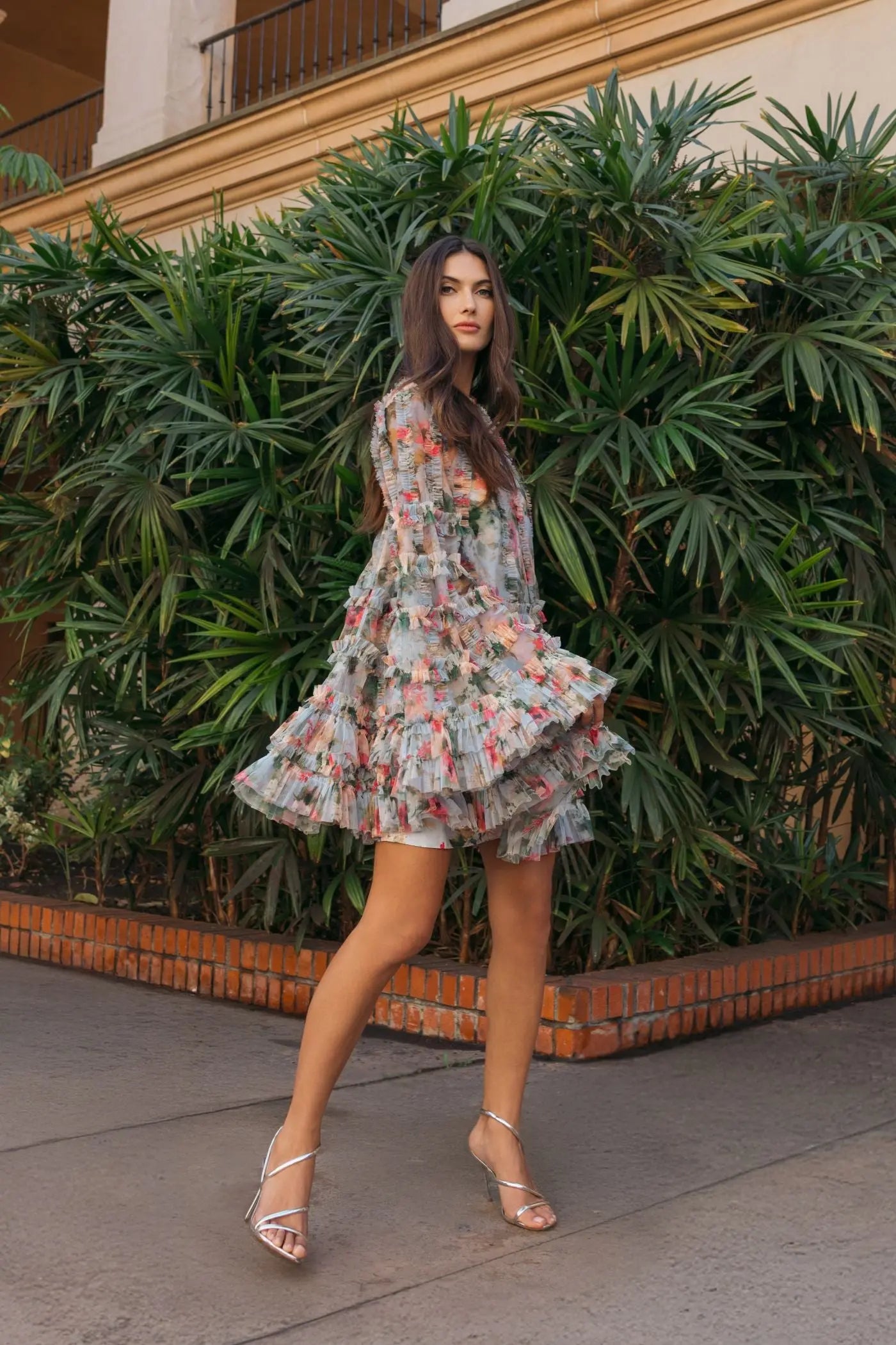 Blue Printed Mesh Ruffle High Neck Mini Dress-Myartka