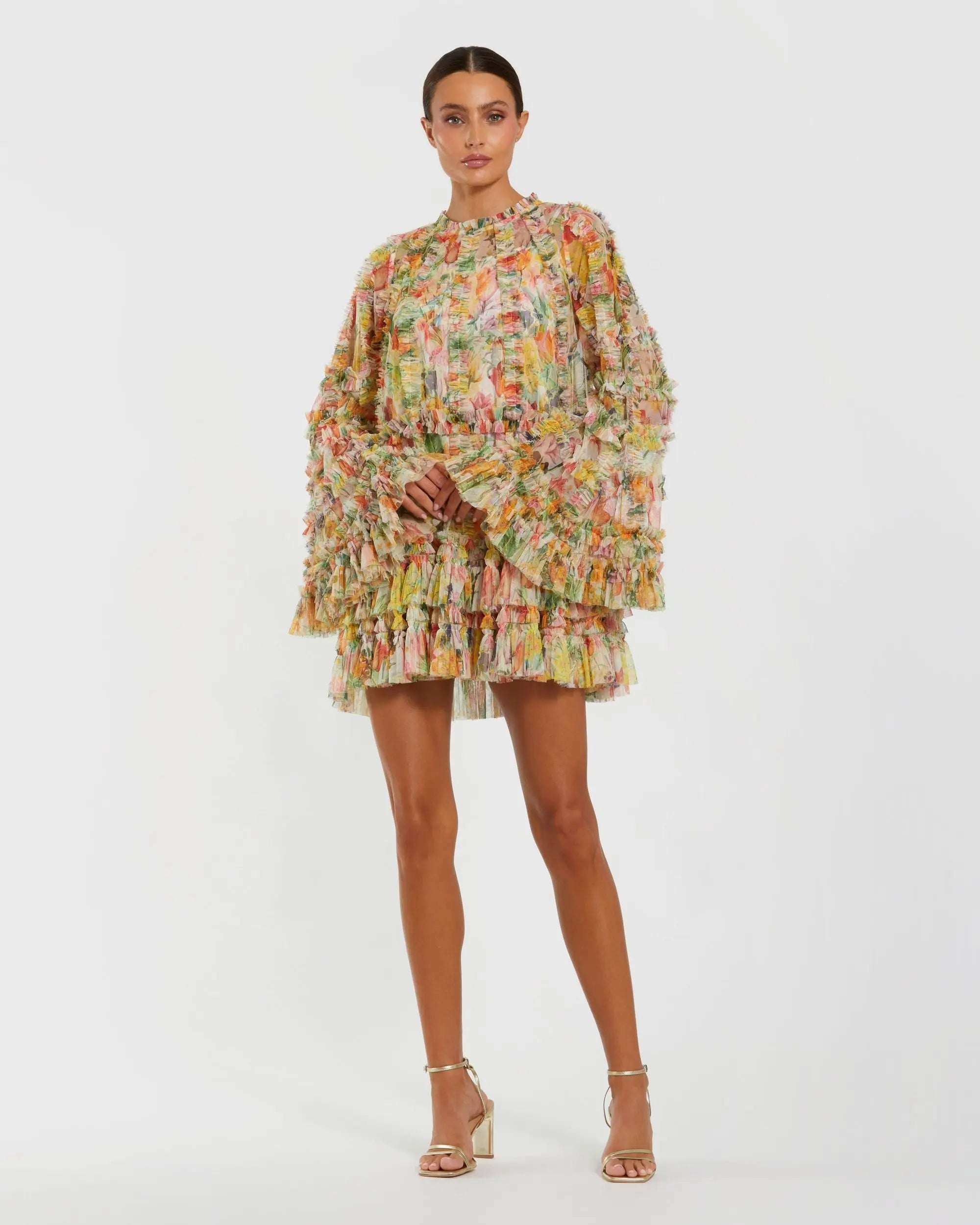 Multicolor Printed Mesh Ruffle High Neck Mini Dress-Myartka