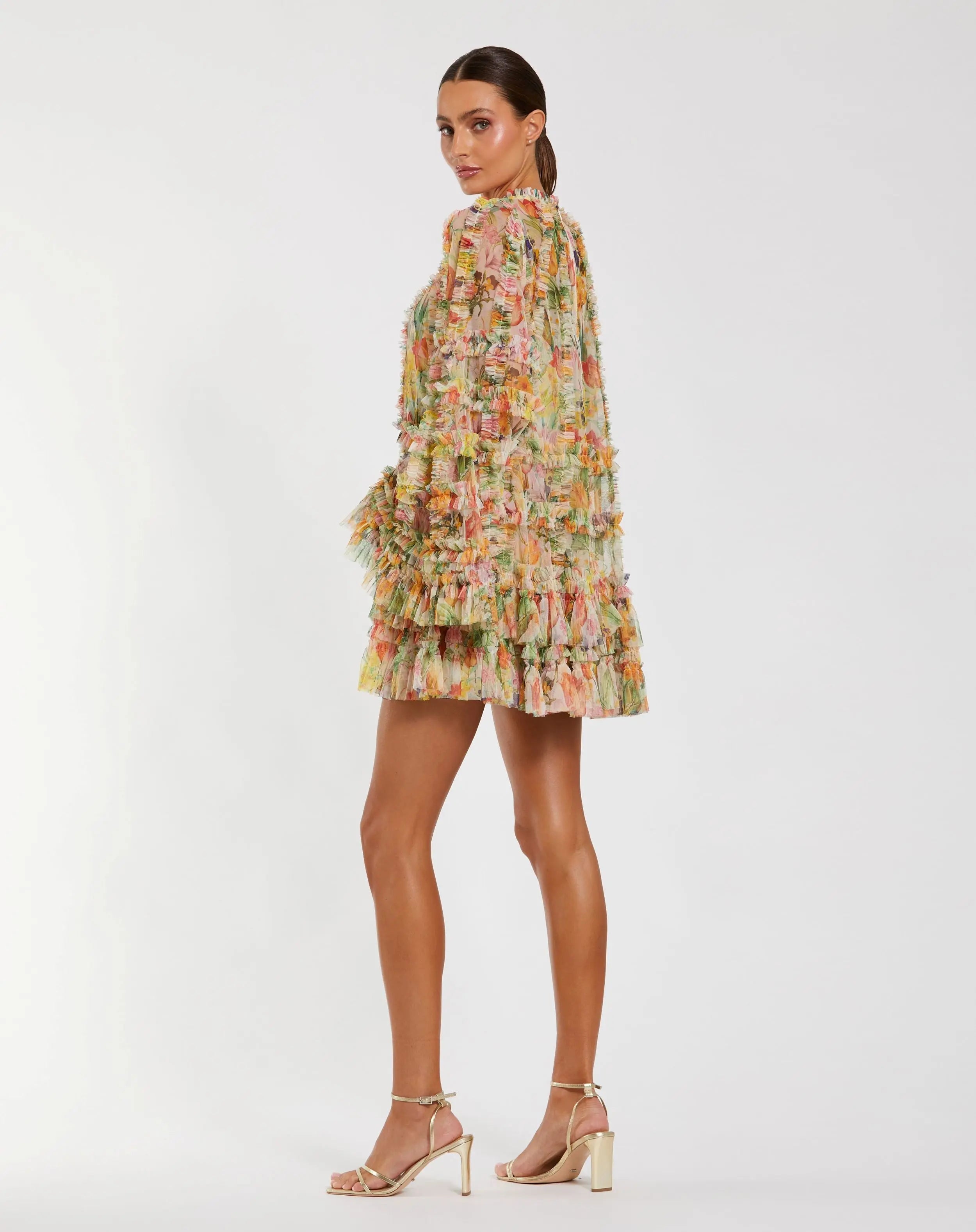 Multicolor Printed Mesh Ruffle High Neck Mini Dress-Myartka