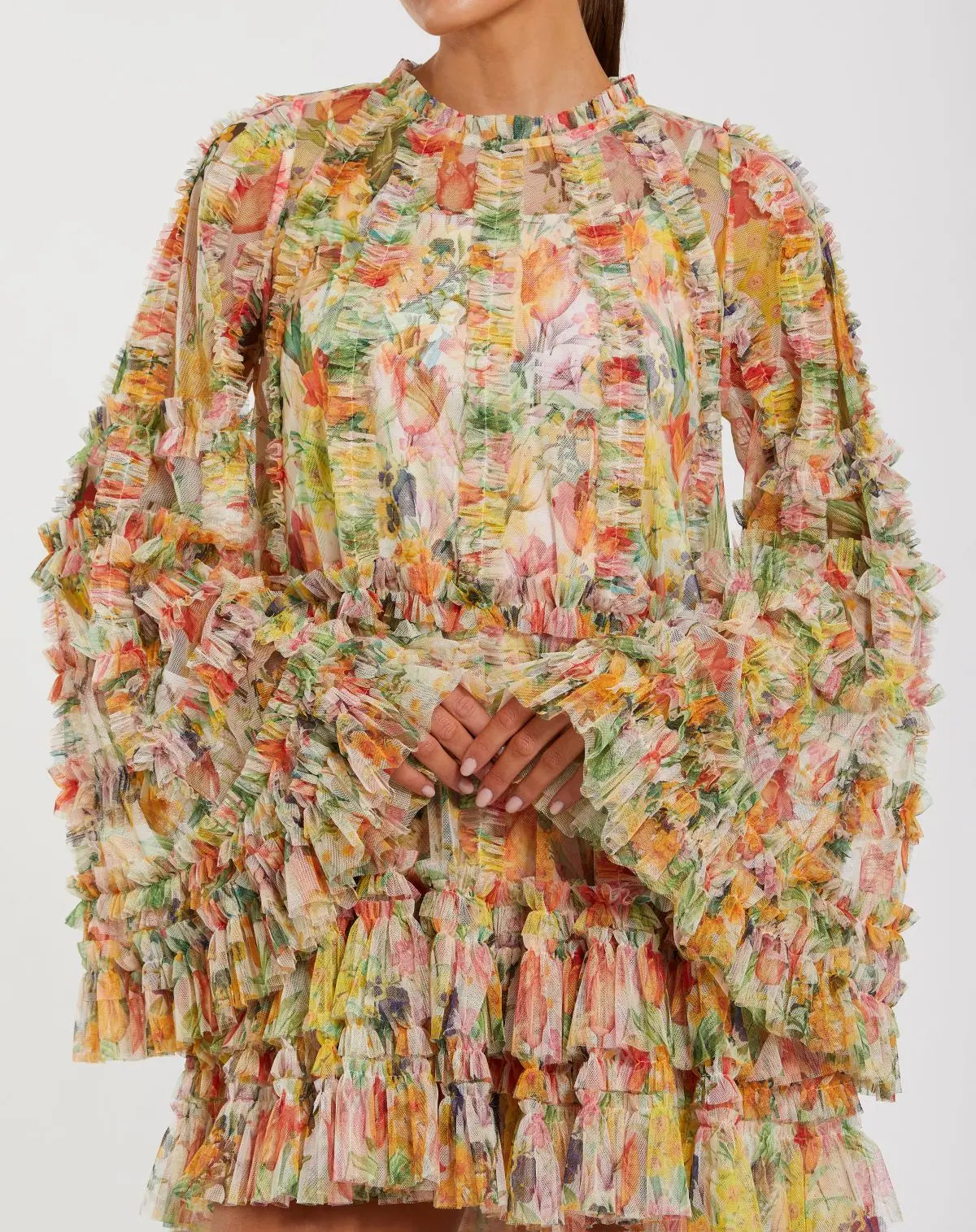 Multicolor Printed Mesh Ruffle High Neck Mini Dress-Myartka