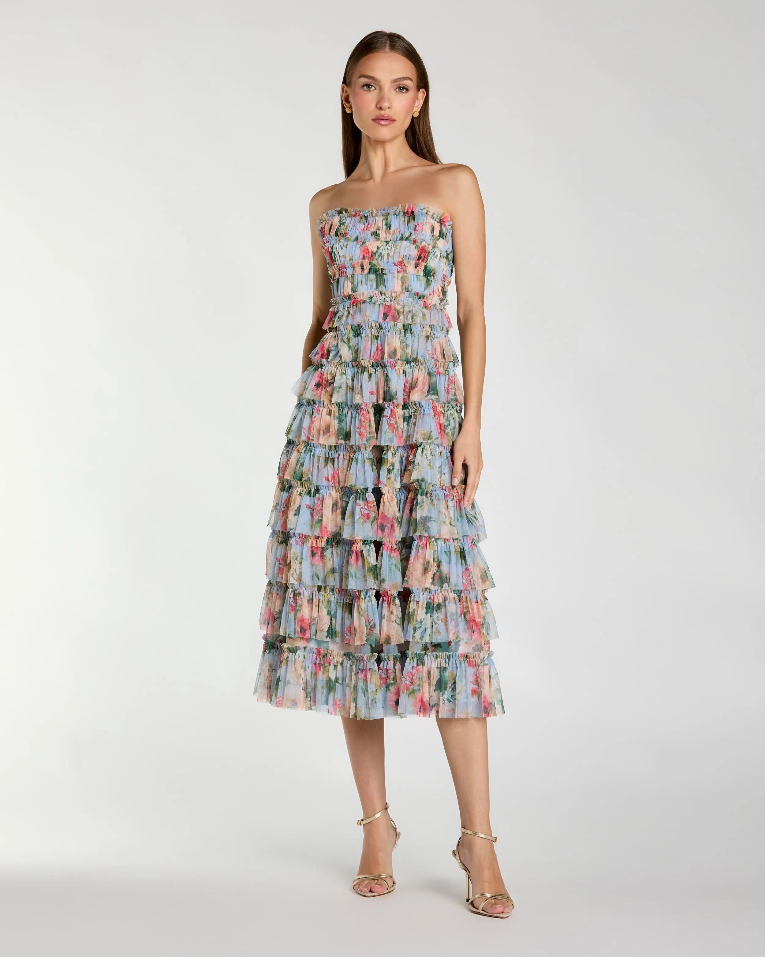 Blue Floral Strapless Ruffle Maxi Dress-Myartka
