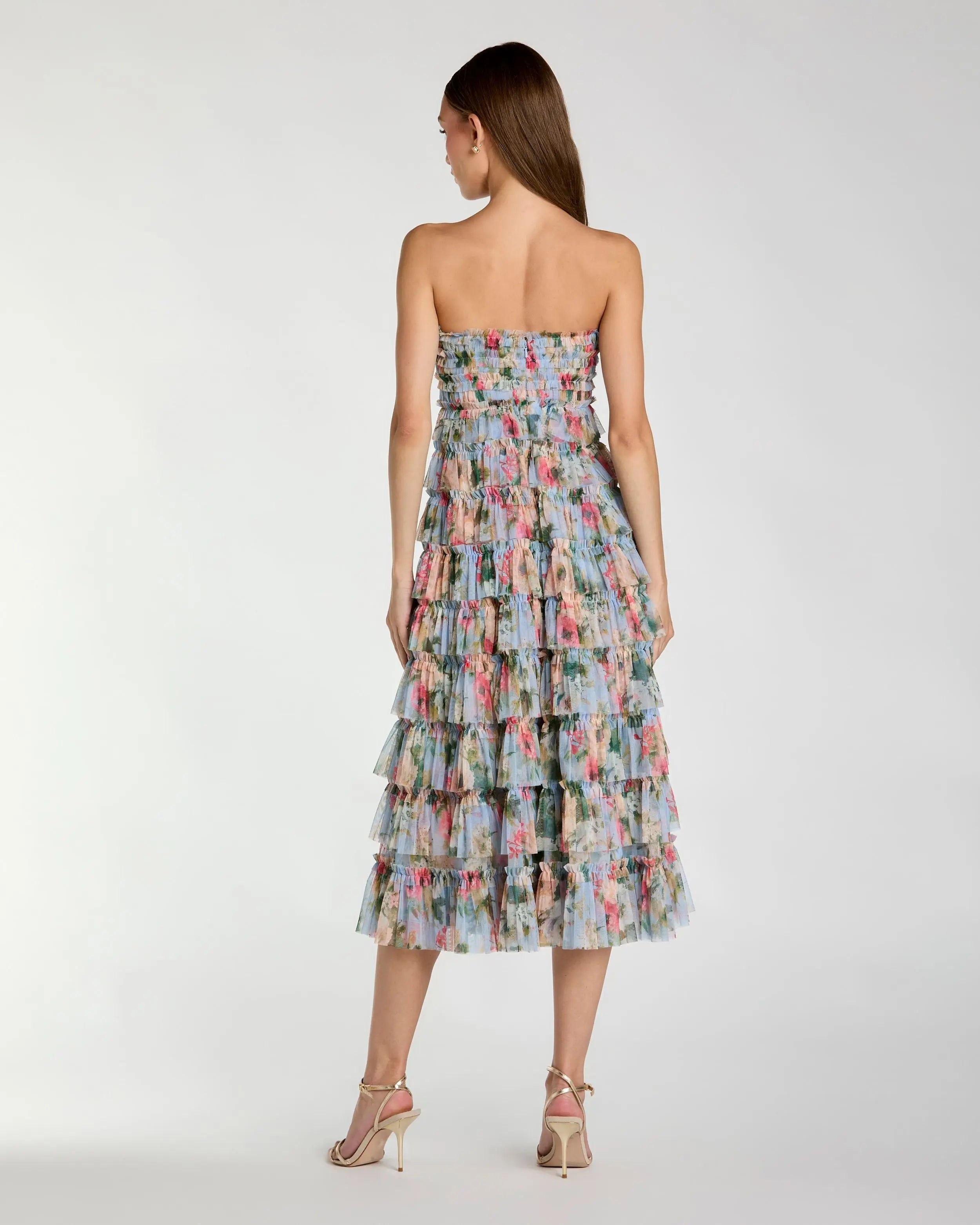 Blue Floral Strapless Ruffle Maxi Dress-Myartka