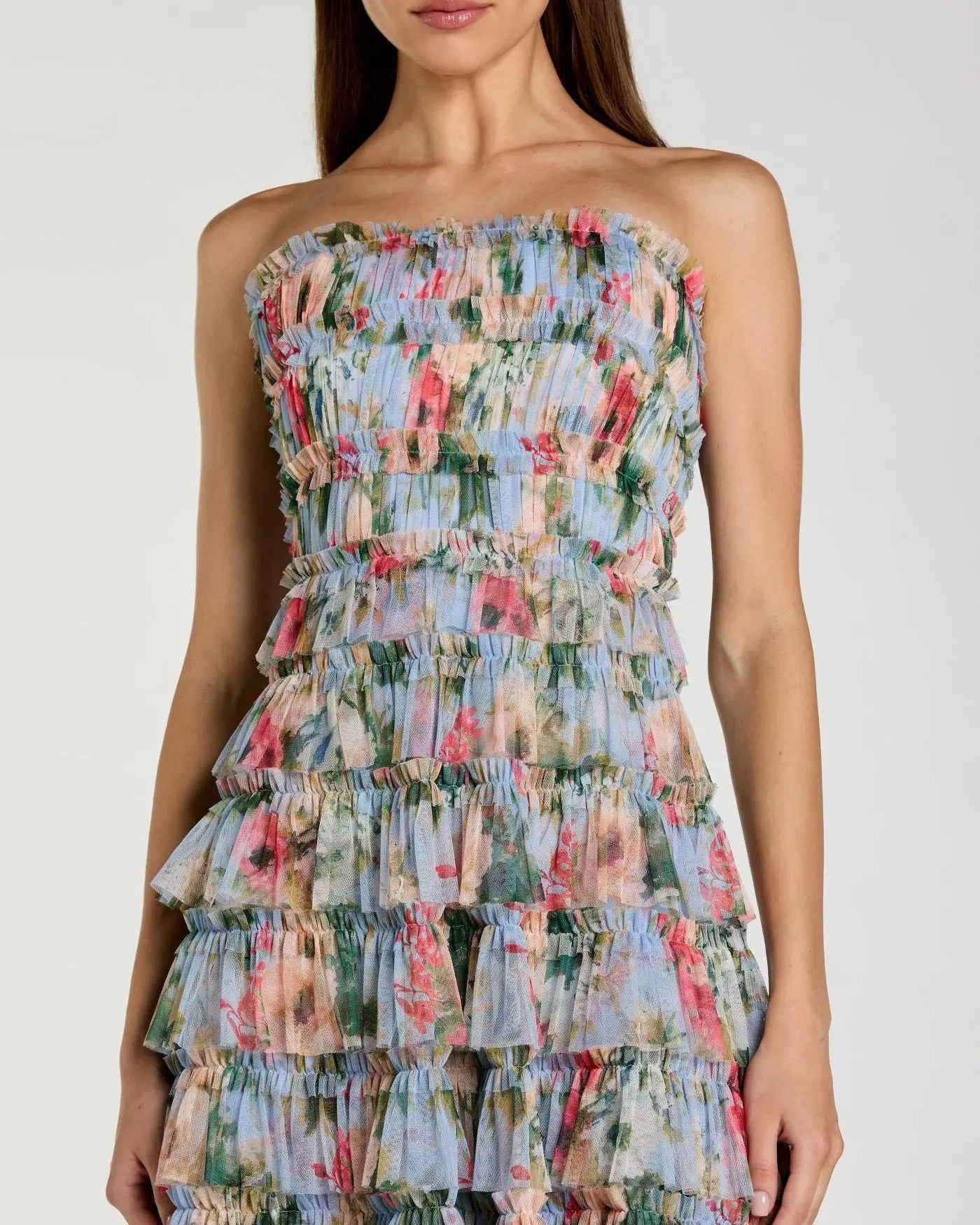 Blue Floral Strapless Ruffle Maxi Dress-Myartka