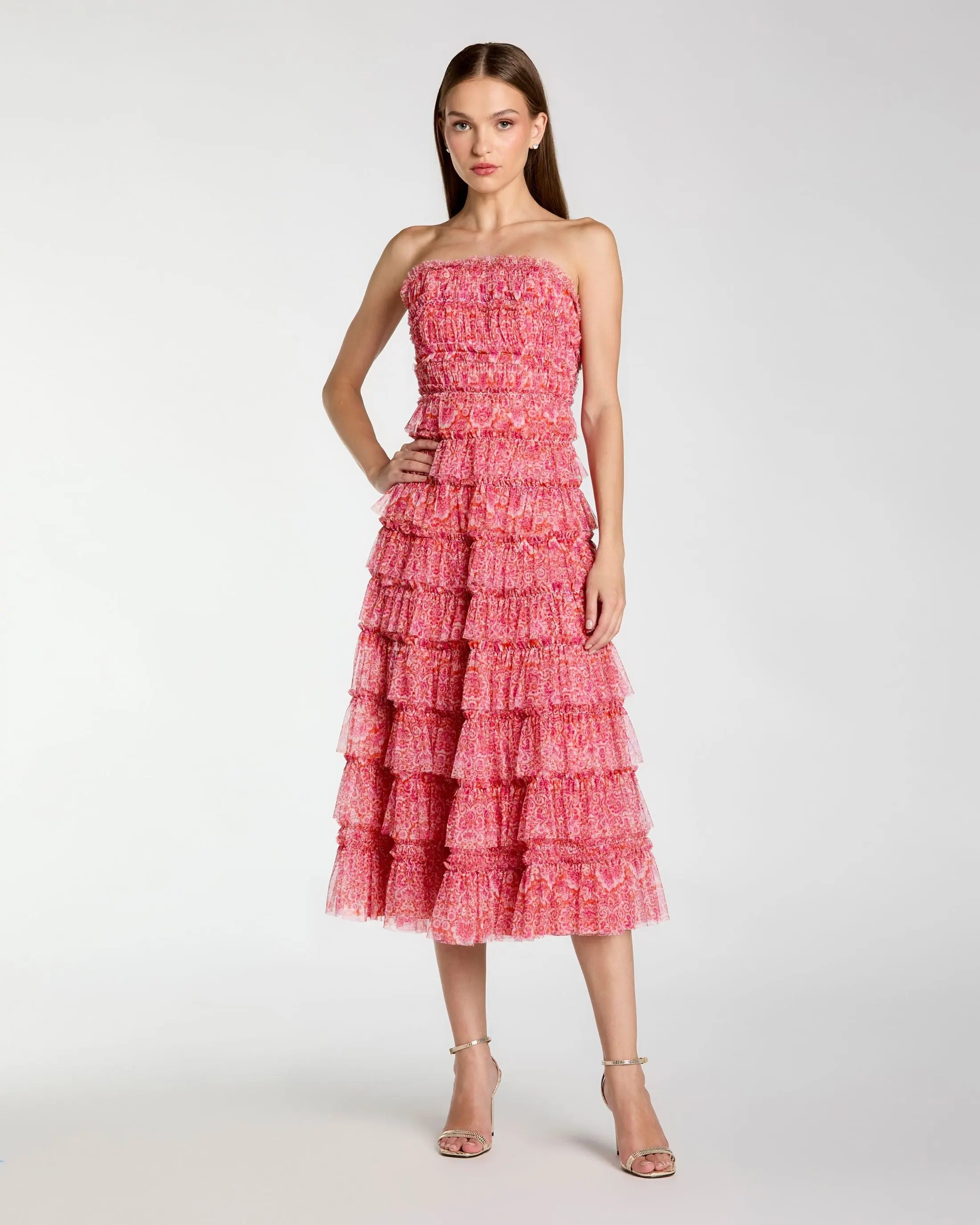 Pink Floral Strapless Ruffle Maxi Dress-Myartka