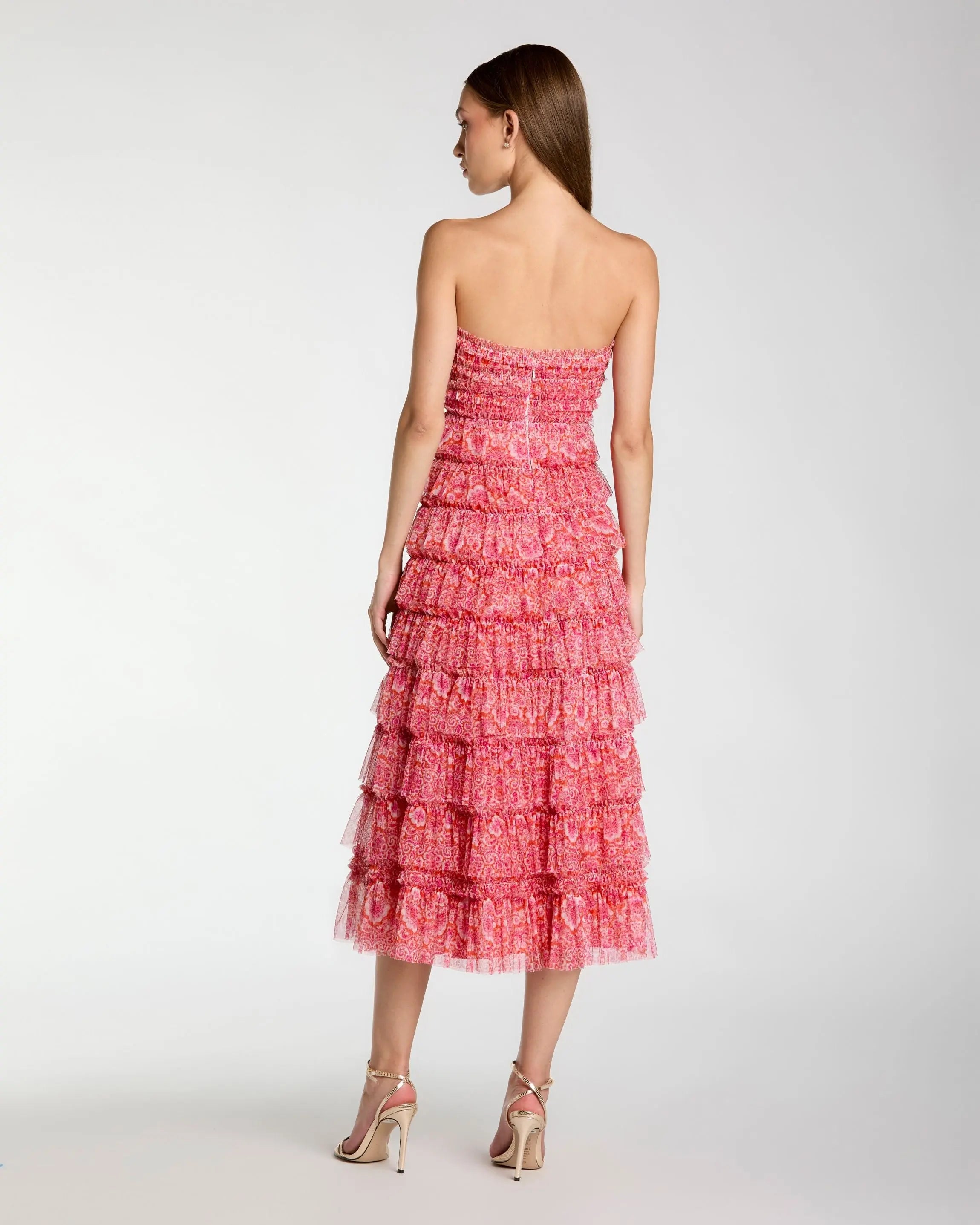 Pink Floral Strapless Ruffle Maxi Dress-Myartka