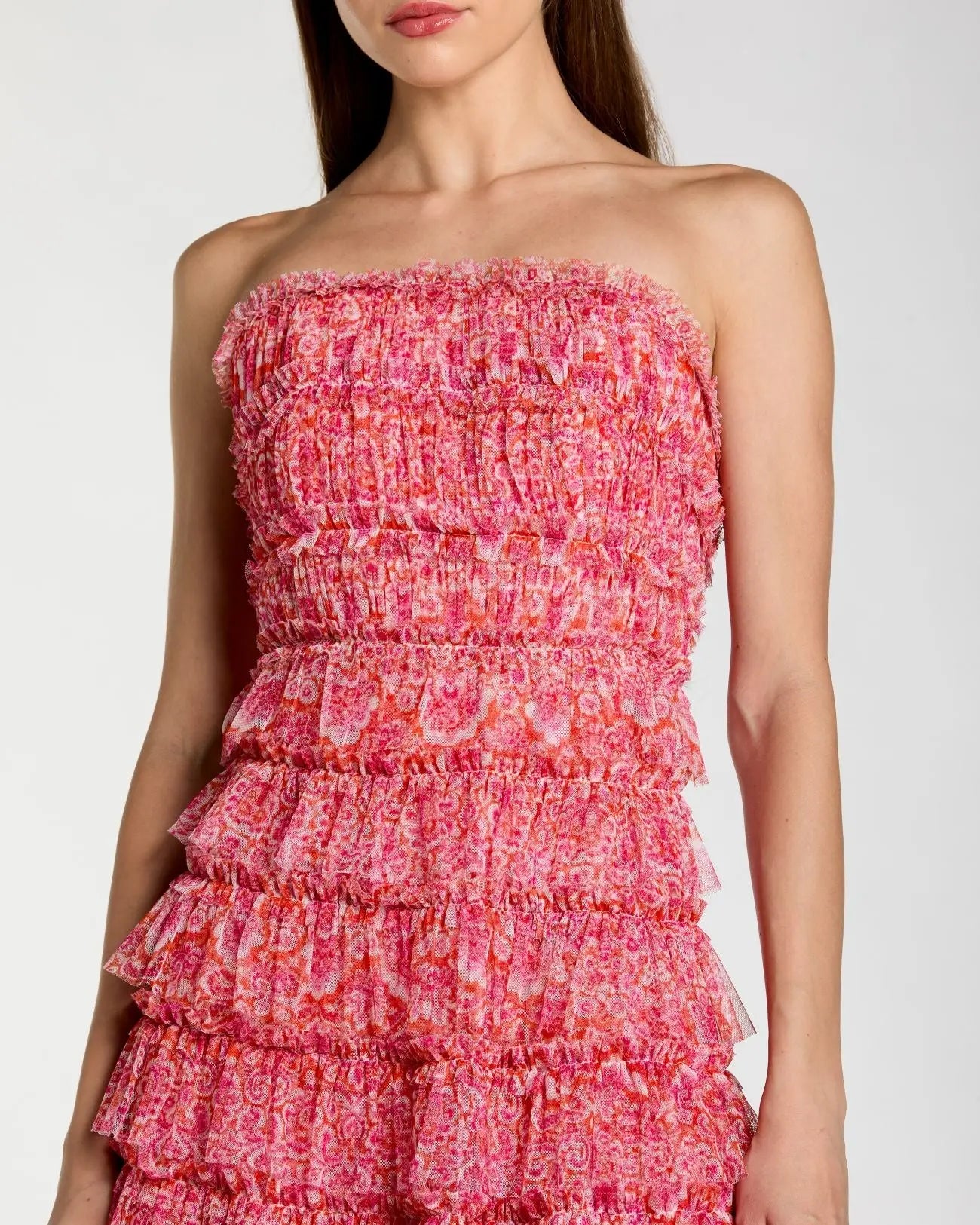 Pink Floral Strapless Ruffle Maxi Dress-Myartka