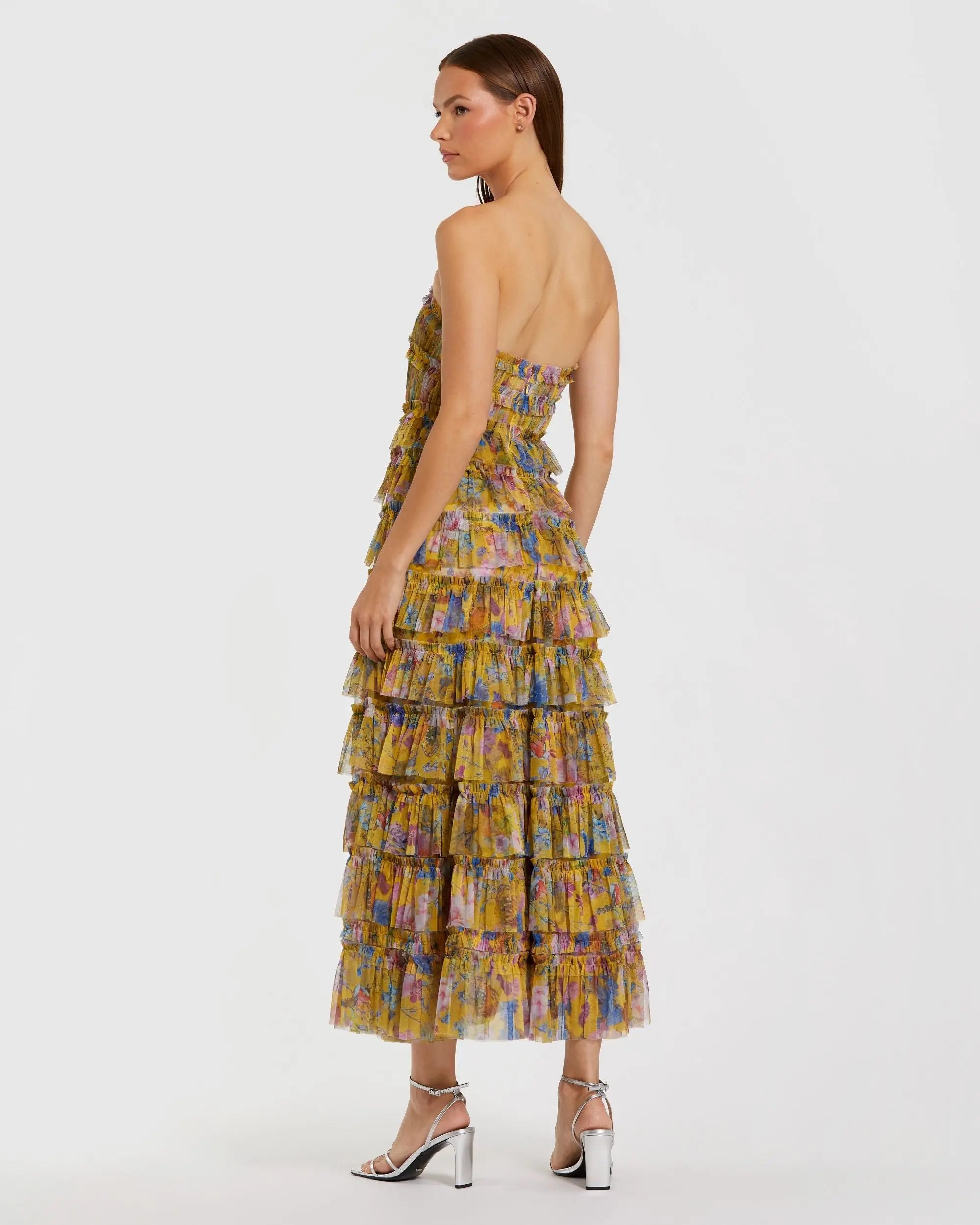 Yellow Floral Strapless Ruffle Maxi Dress-Myartka