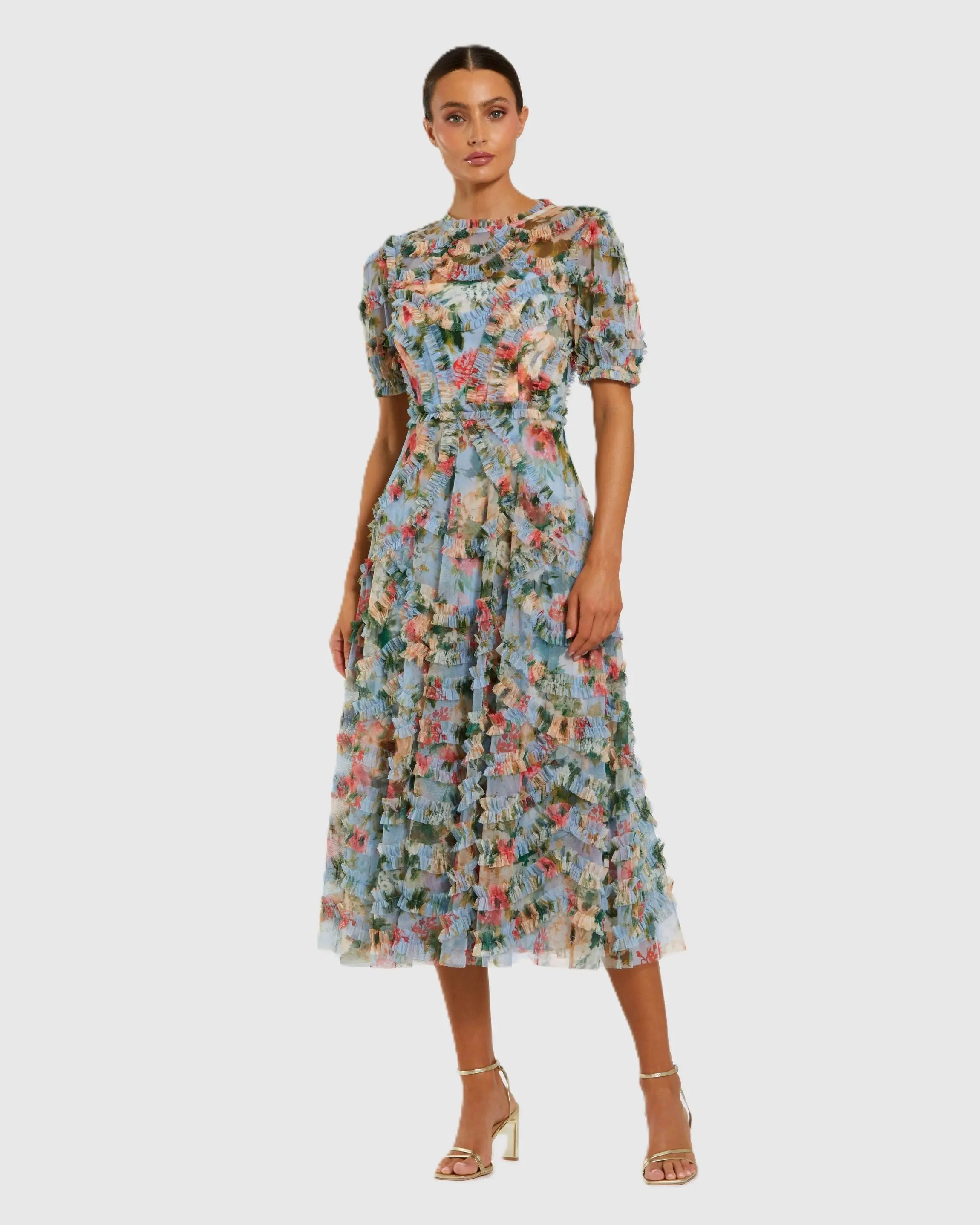 Blue Floral Mesh Ruffle High Neck Midi Dress-Myartka