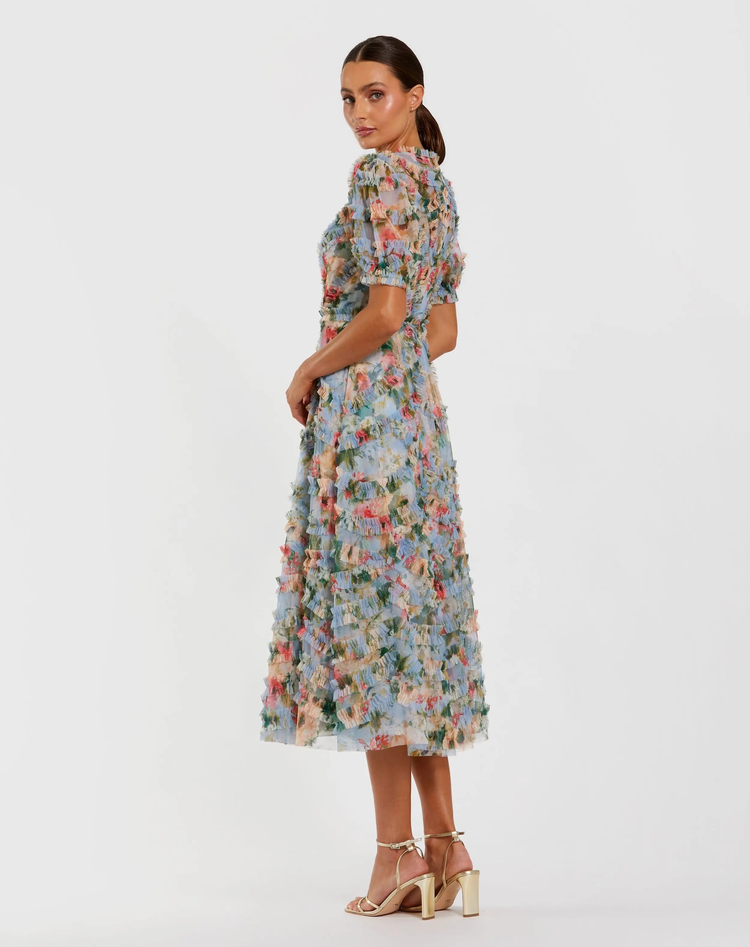 Blue Floral Mesh Ruffle High Neck Midi Dress-Myartka
