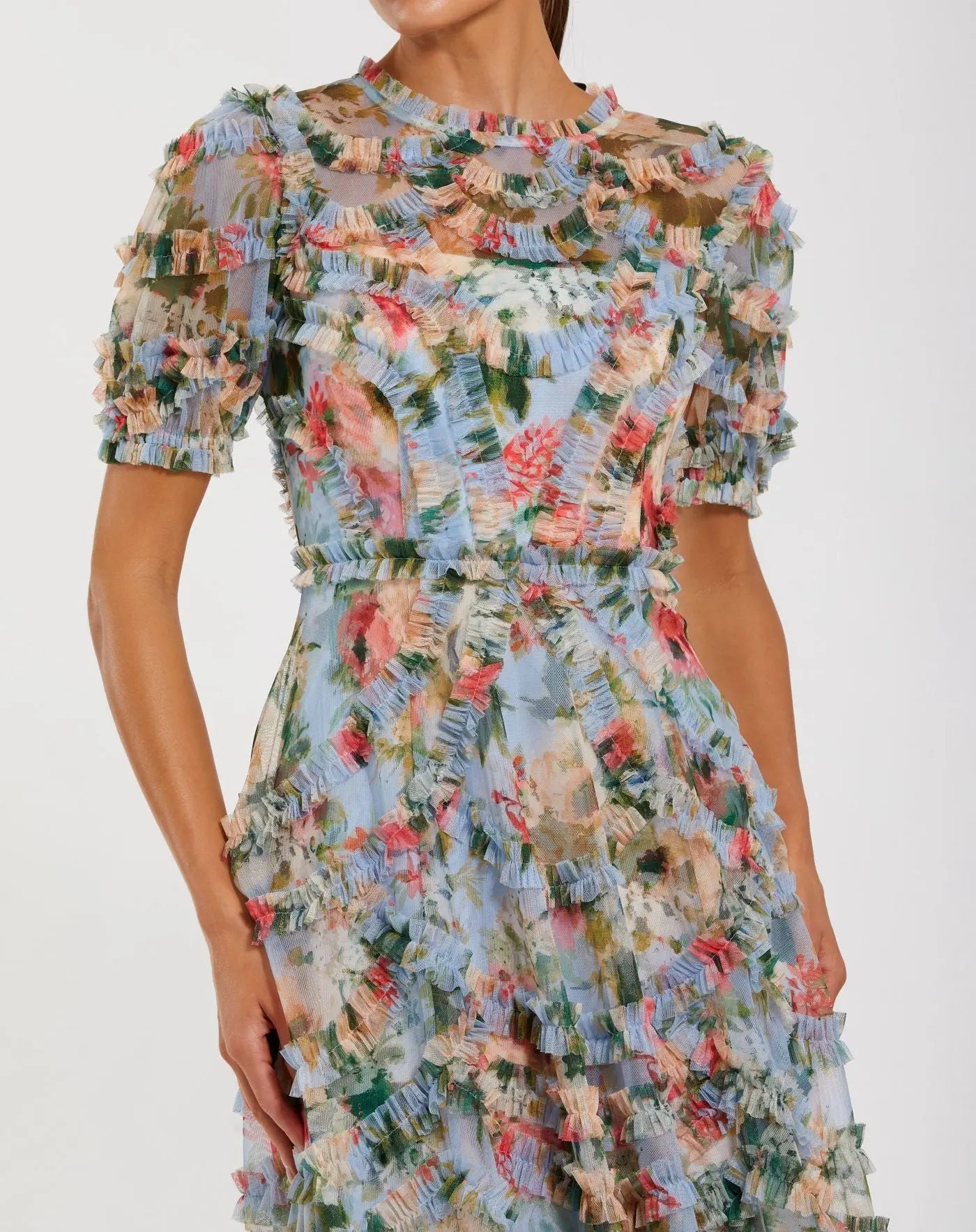 Blue Floral Mesh Ruffle High Neck Midi Dress-Myartka