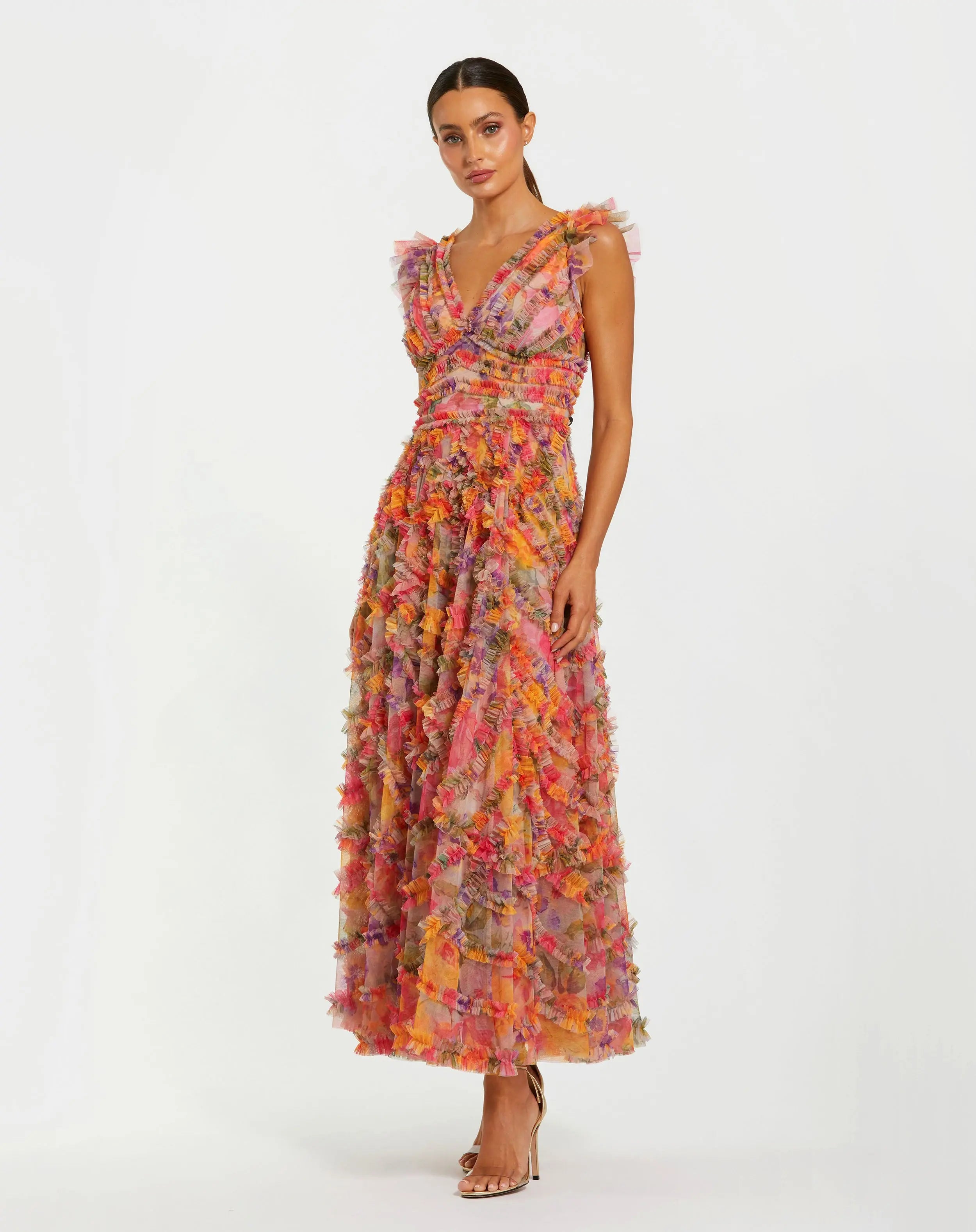 Multicolor Floral V-Neck Ruffle Maxi Dress-Myartka