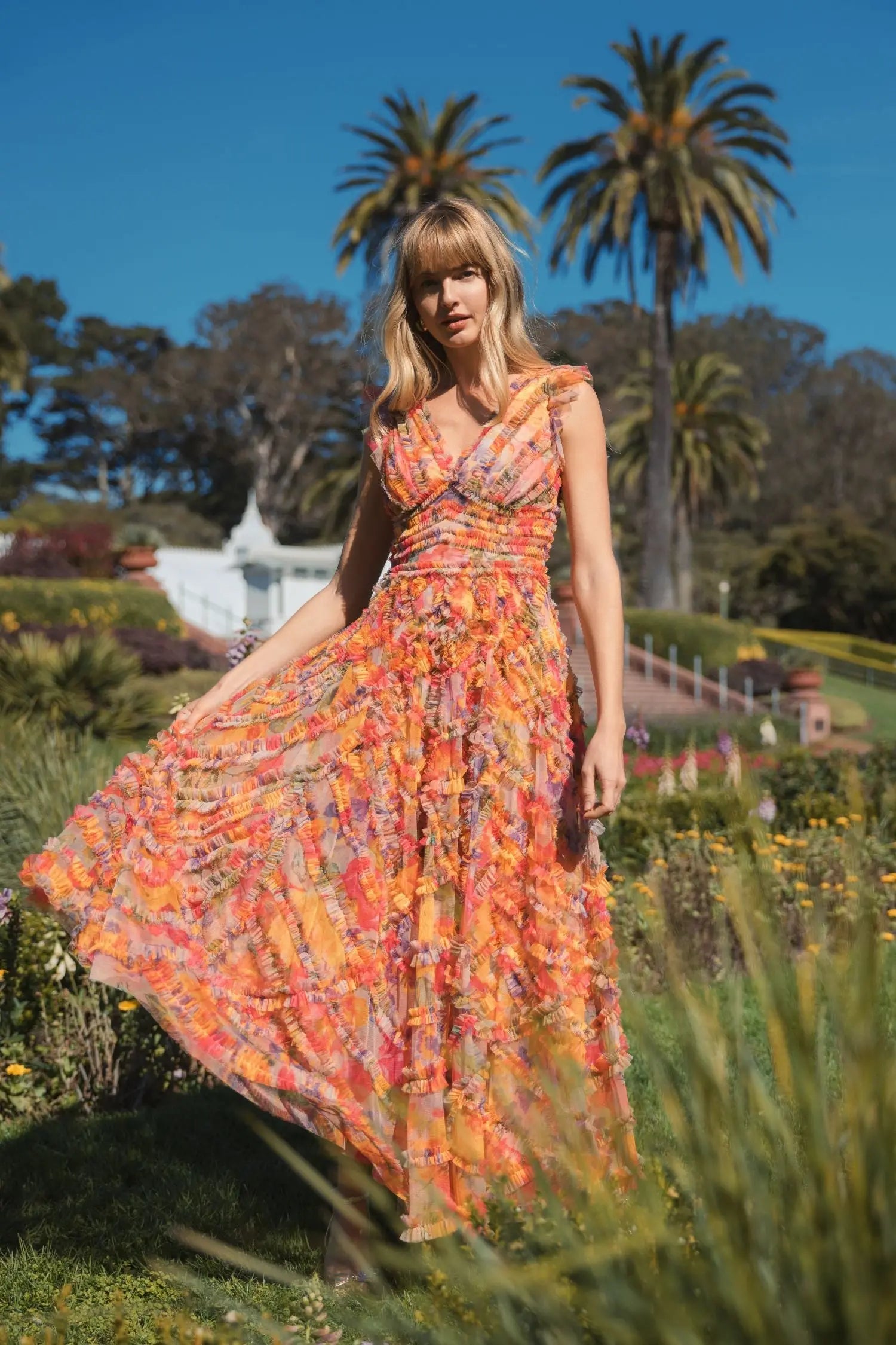Multicolor Floral V-Neck Ruffle Maxi Dress-Myartka