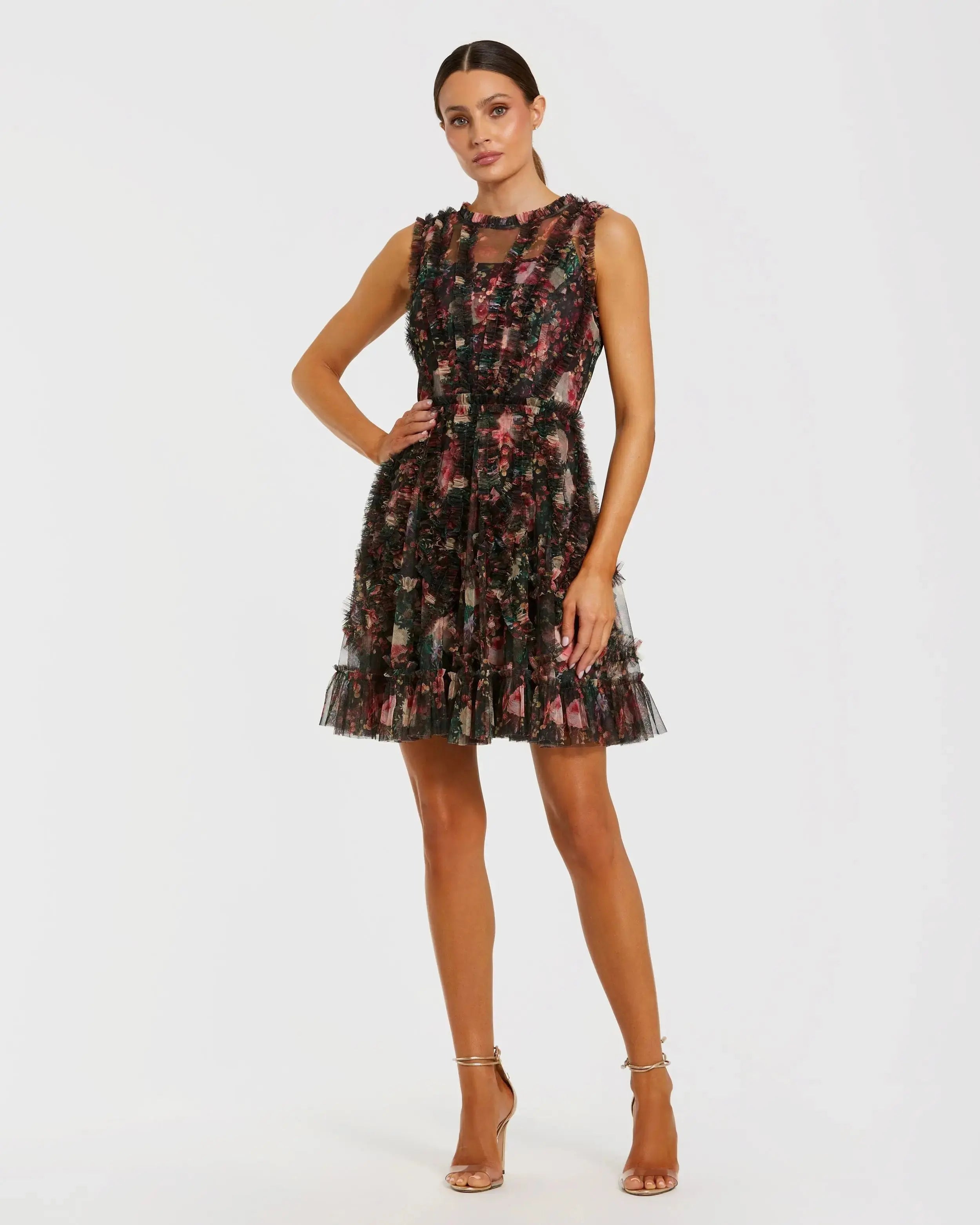 Black Multicolor Micro Ruffle Floral A-Line Mini Dress-Myartka