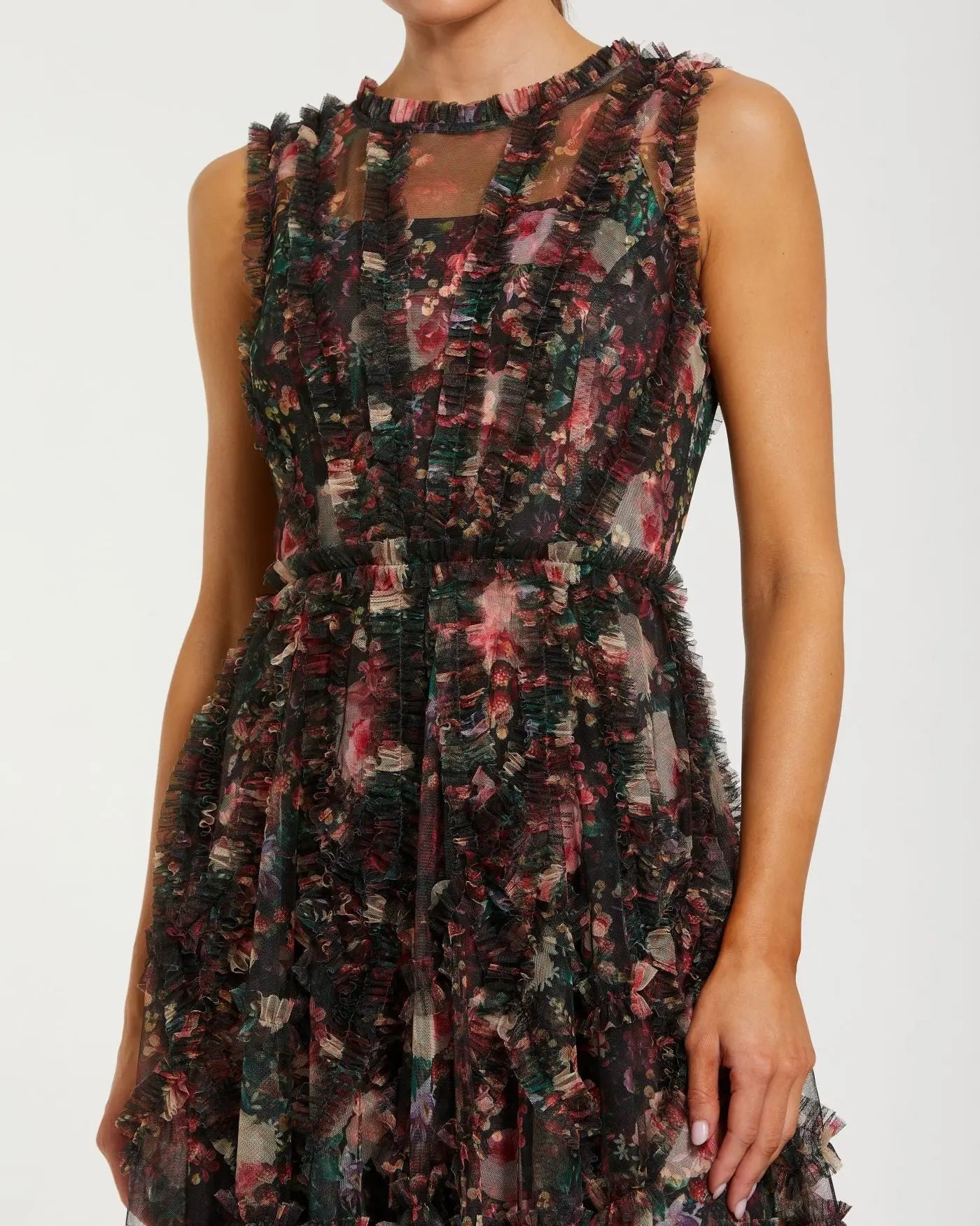 Black Multicolor Micro Ruffle Floral A-Line Mini Dress-Myartka