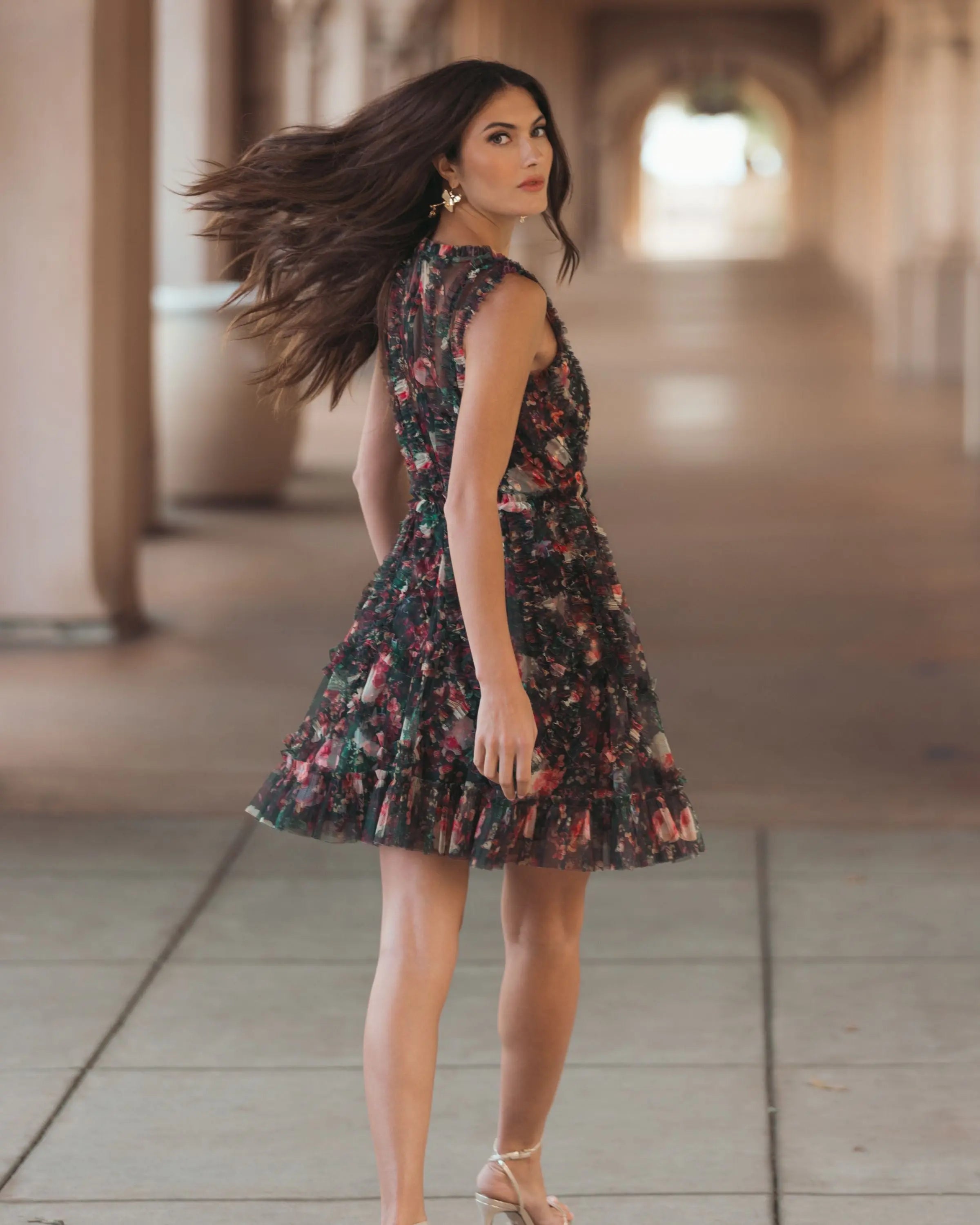 Black Multicolor Micro Ruffle Floral A-Line Mini Dress-Myartka