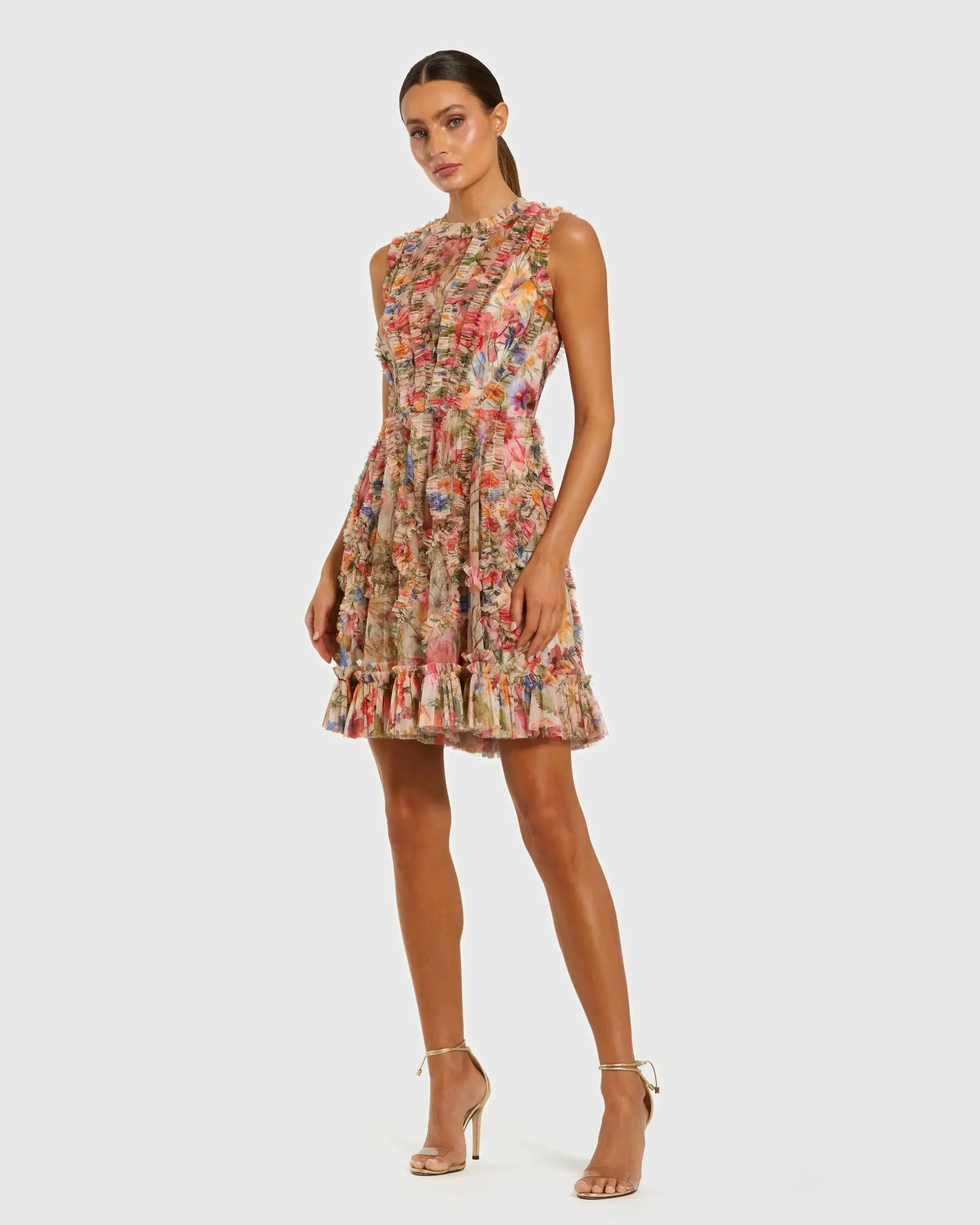 Multicolor Micro Ruffle Floral A-Line Mini Dress-Myartka