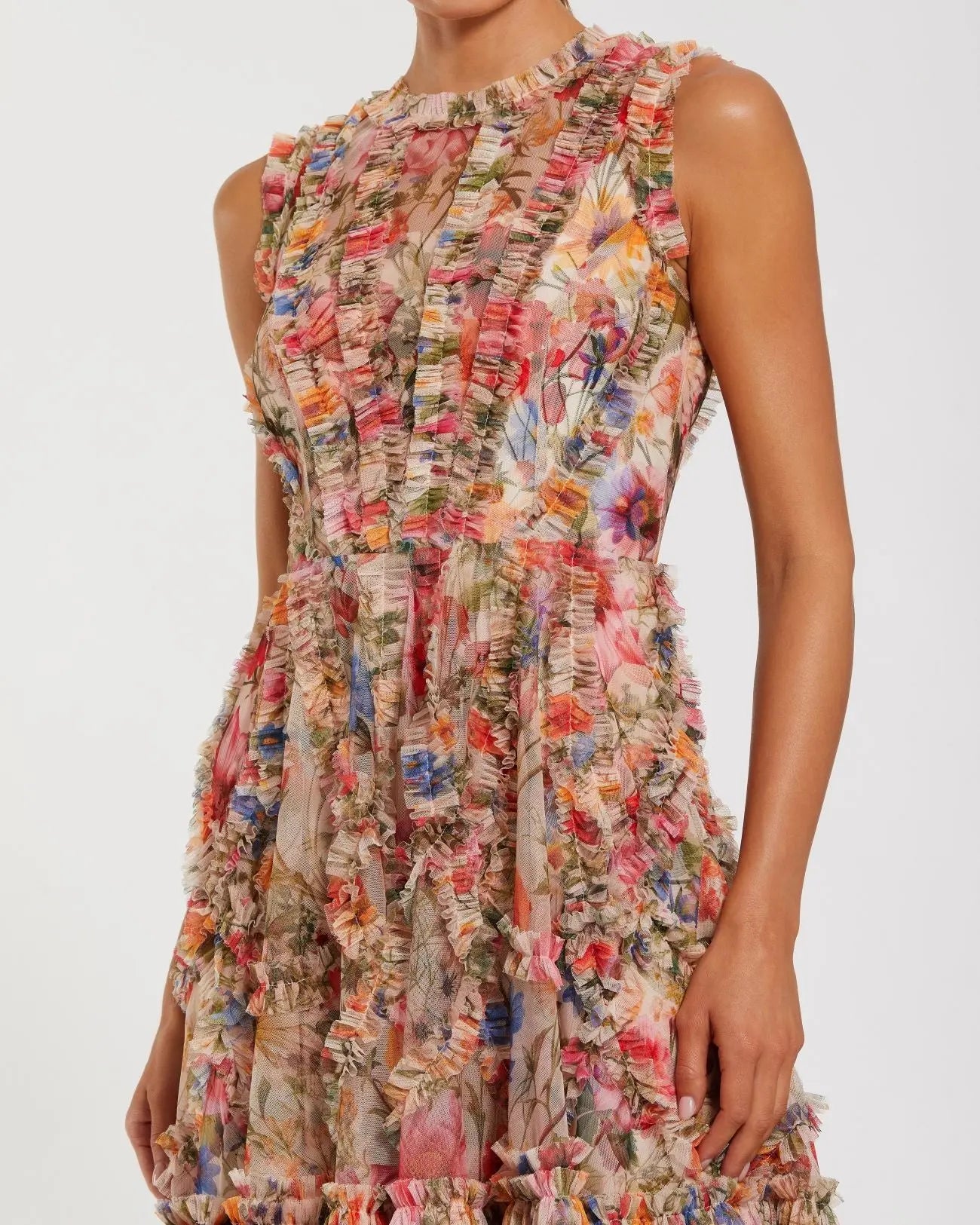 Multicolor Micro Ruffle Floral A-Line Mini Dress-Myartka