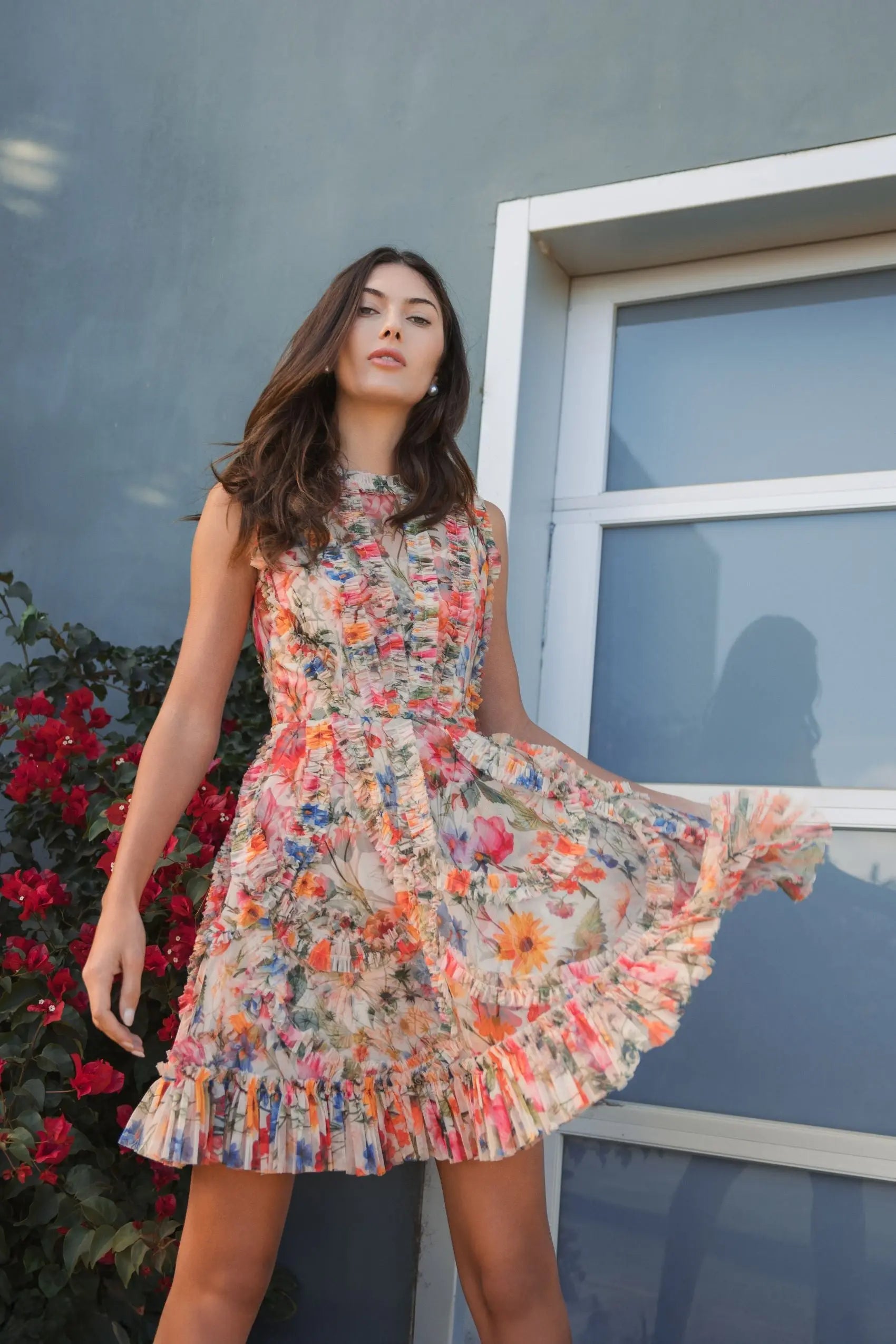 Multicolor Micro Ruffle Floral A-Line Mini Dress-Myartka