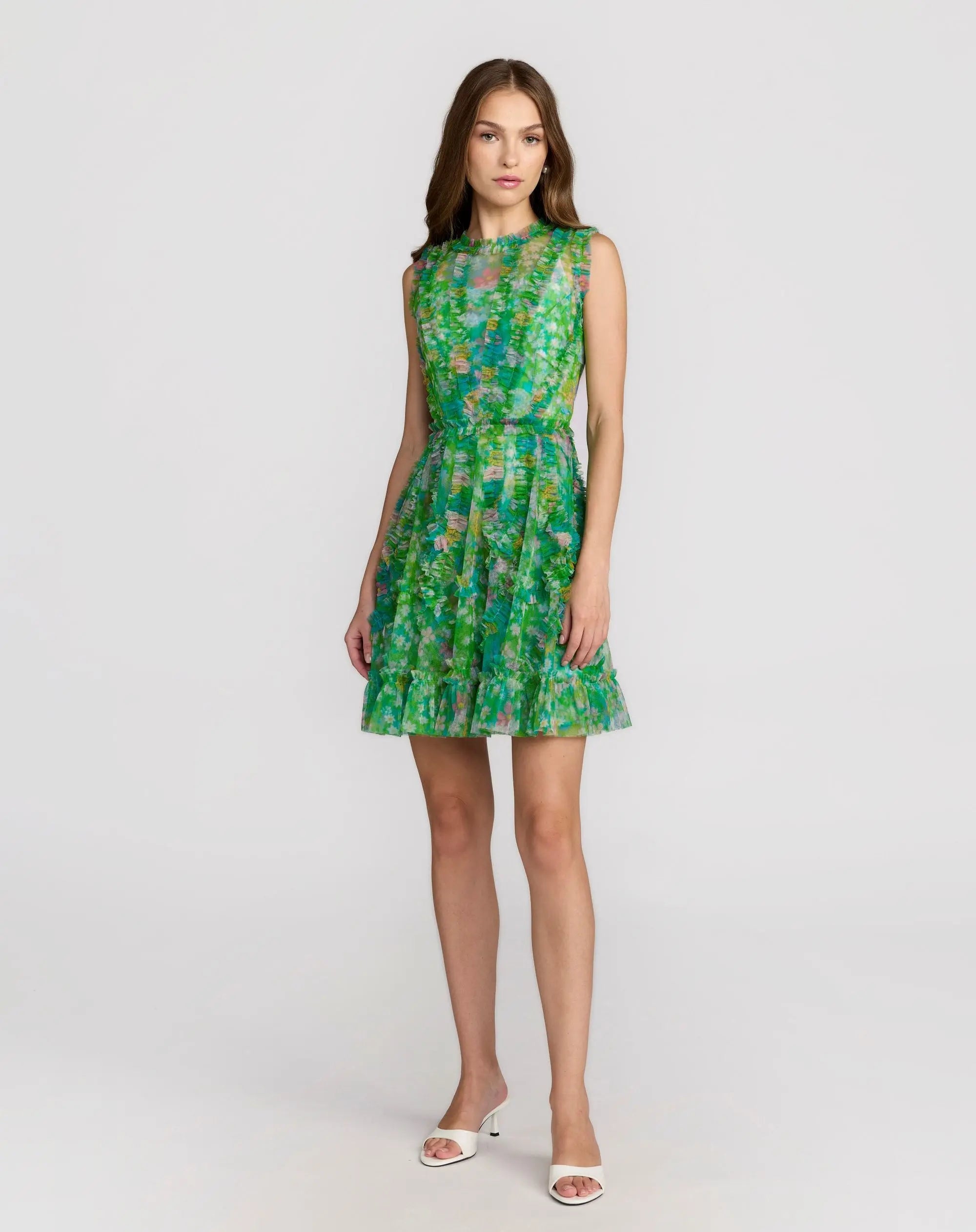 Green Multicolor Micro Ruffle Floral A-Line Mini Dress-Myartka