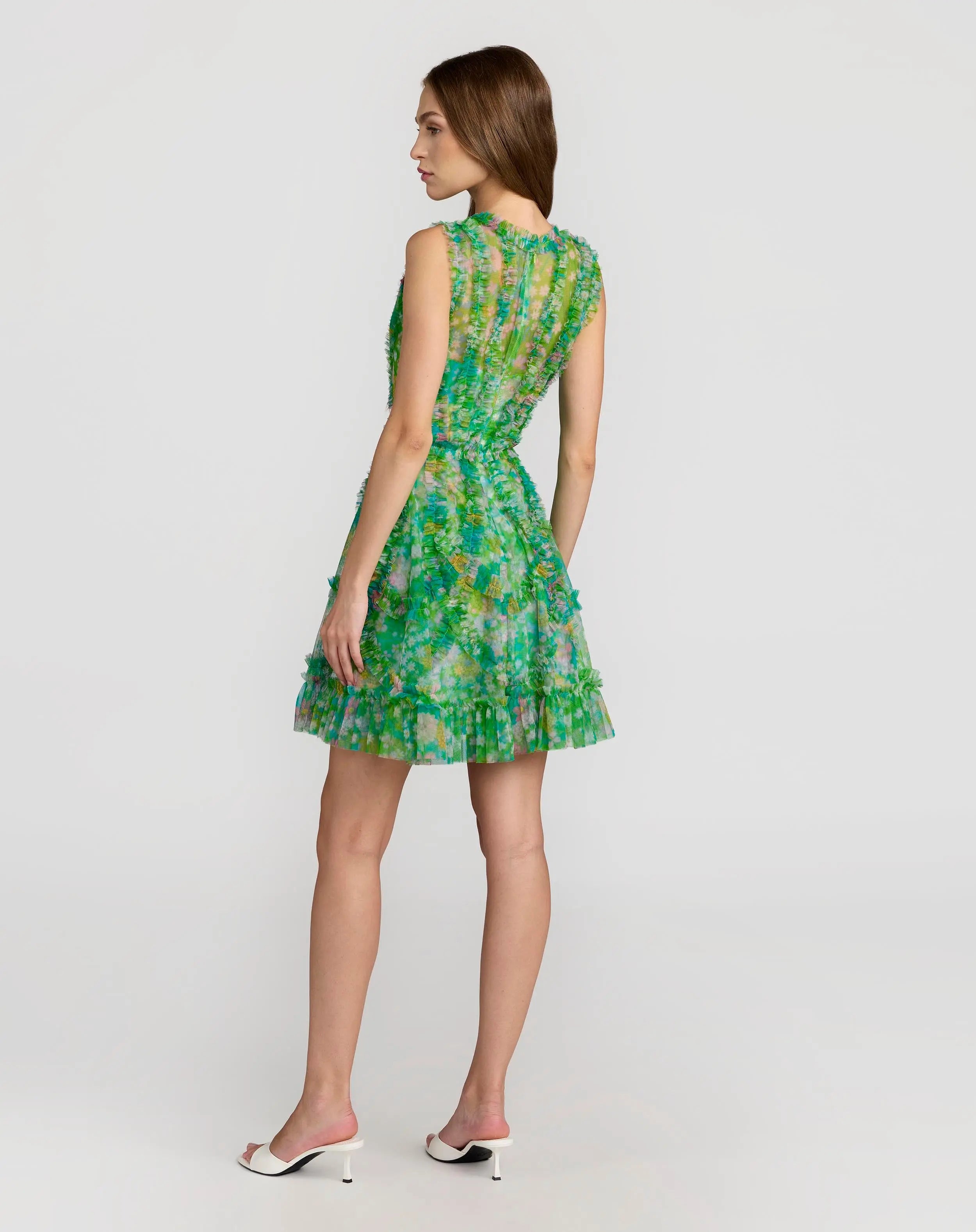 Green Multicolor Micro Ruffle Floral A-Line Mini Dress-Myartka