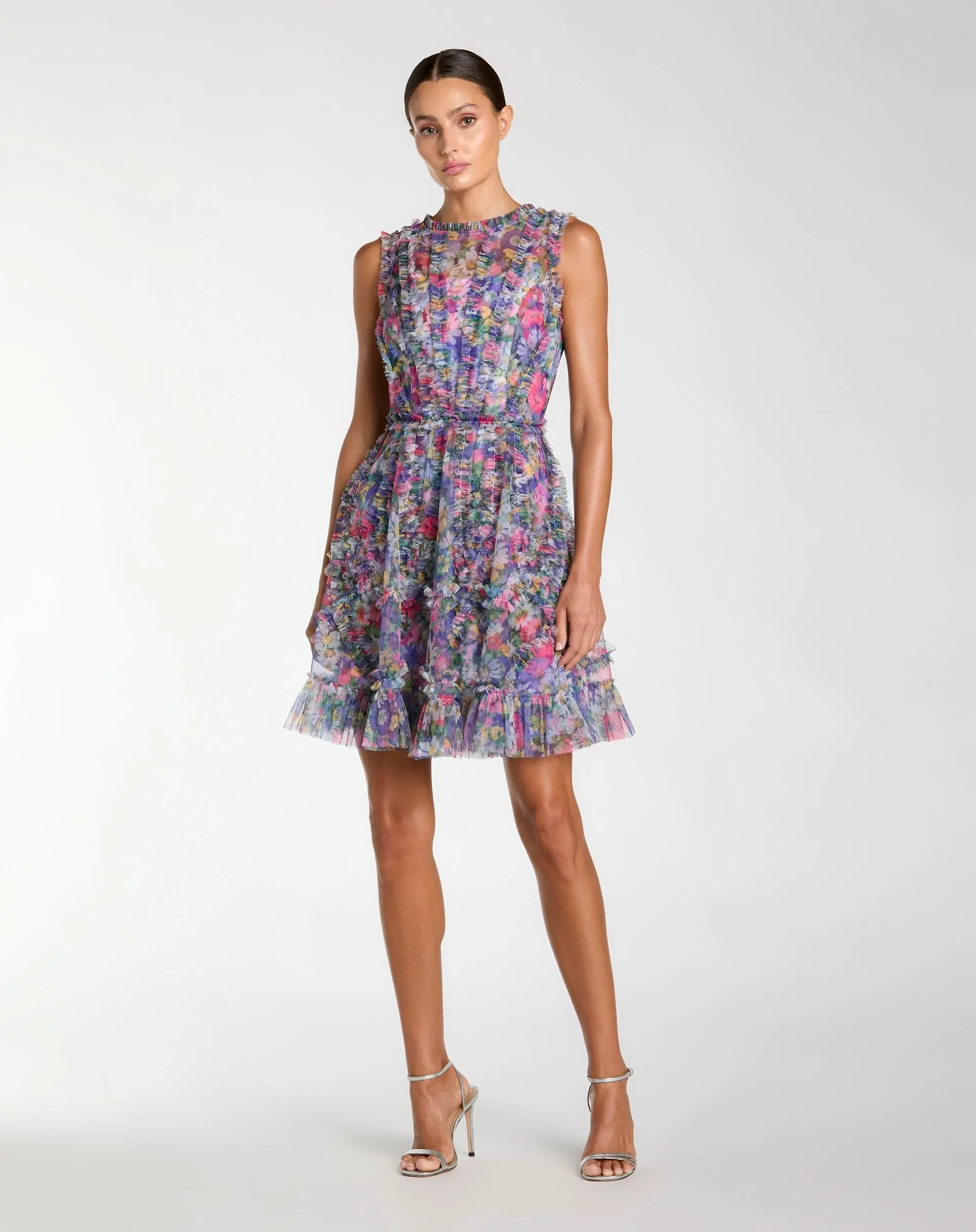 Micro Ruffle Floral A-Line Mini Dress-Myartka