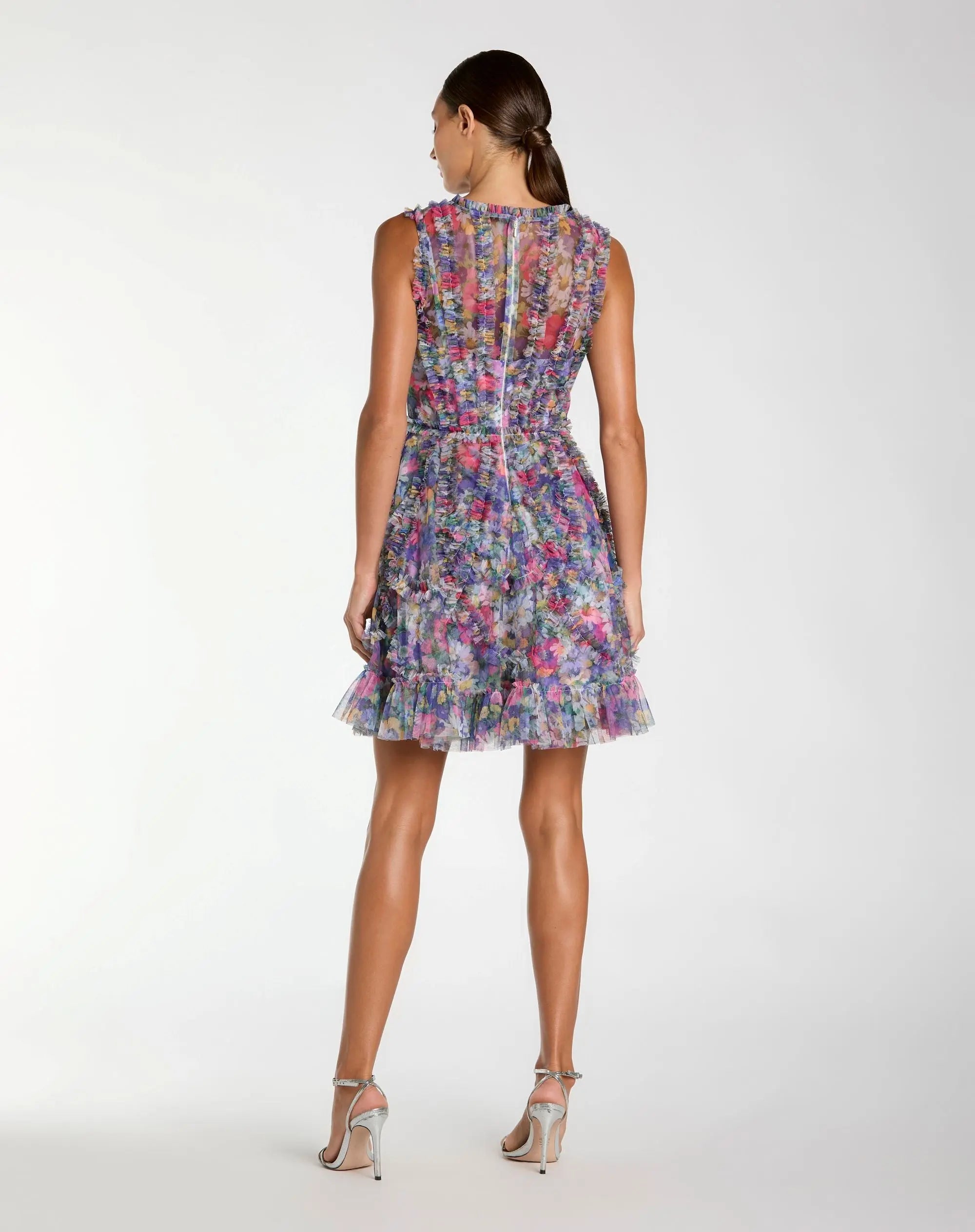 Purple Multicolor Micro Ruffle Floral A-Line Mini Dress-Myartka