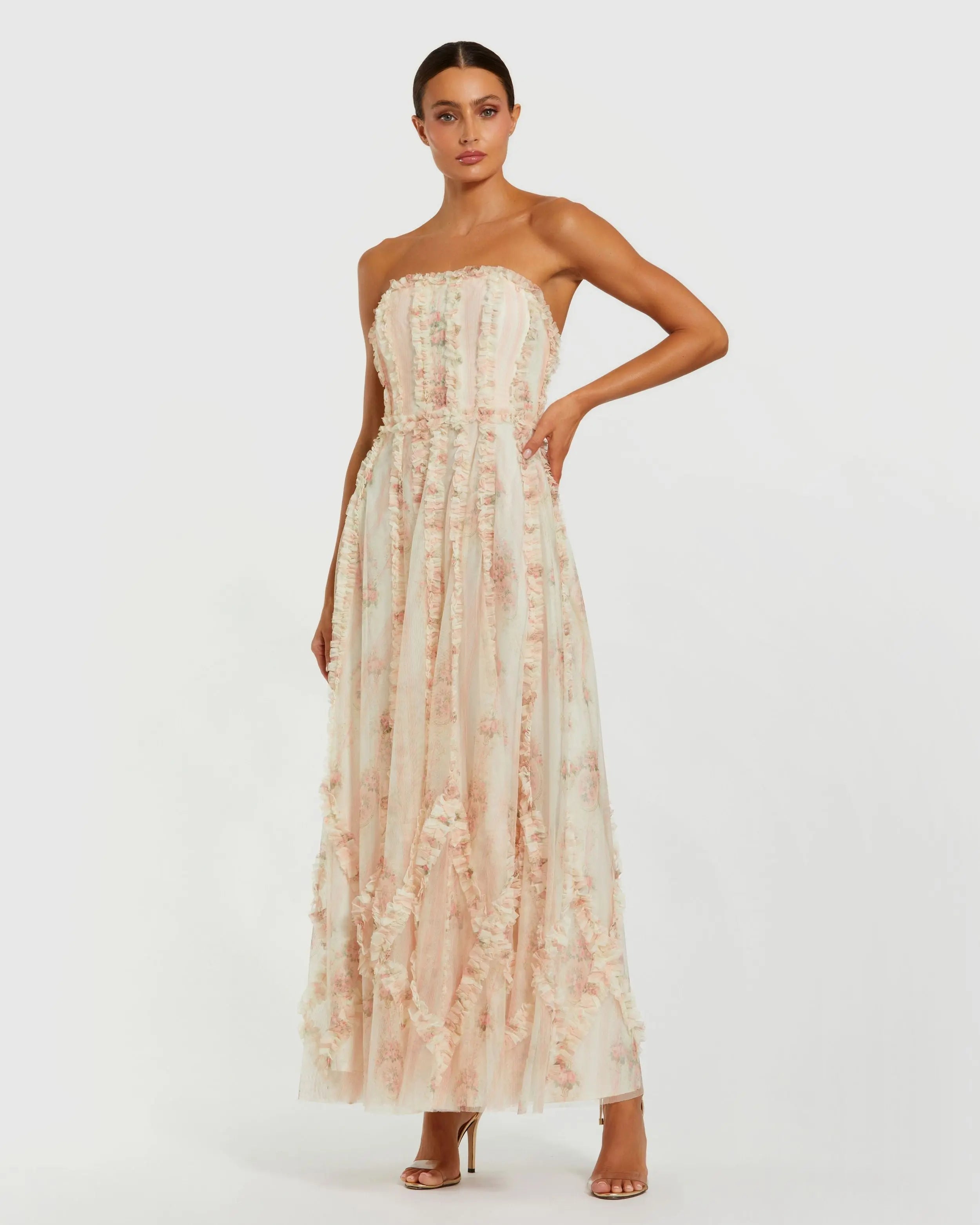 Pink and White Strapless Floral Ruffle Dress-Myartka