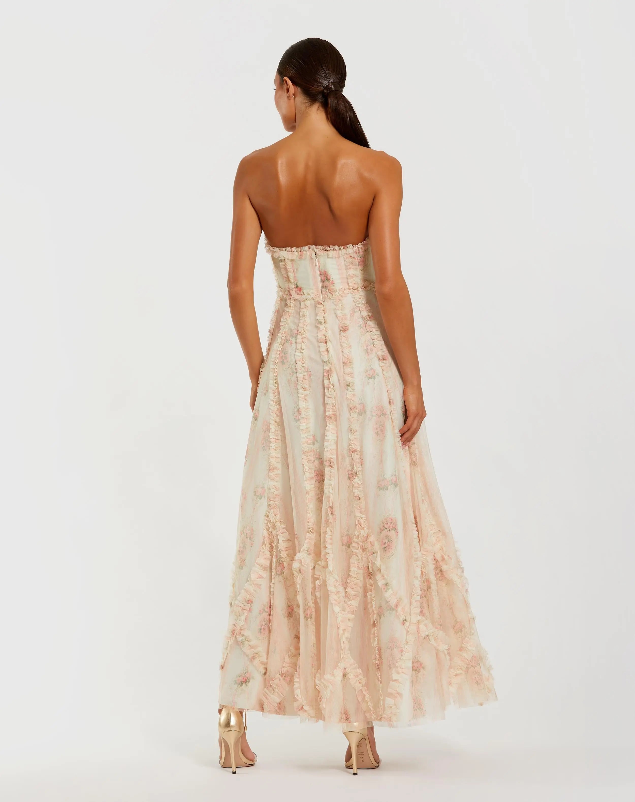 Pink and White Strapless Floral Ruffle Dress-Myartka