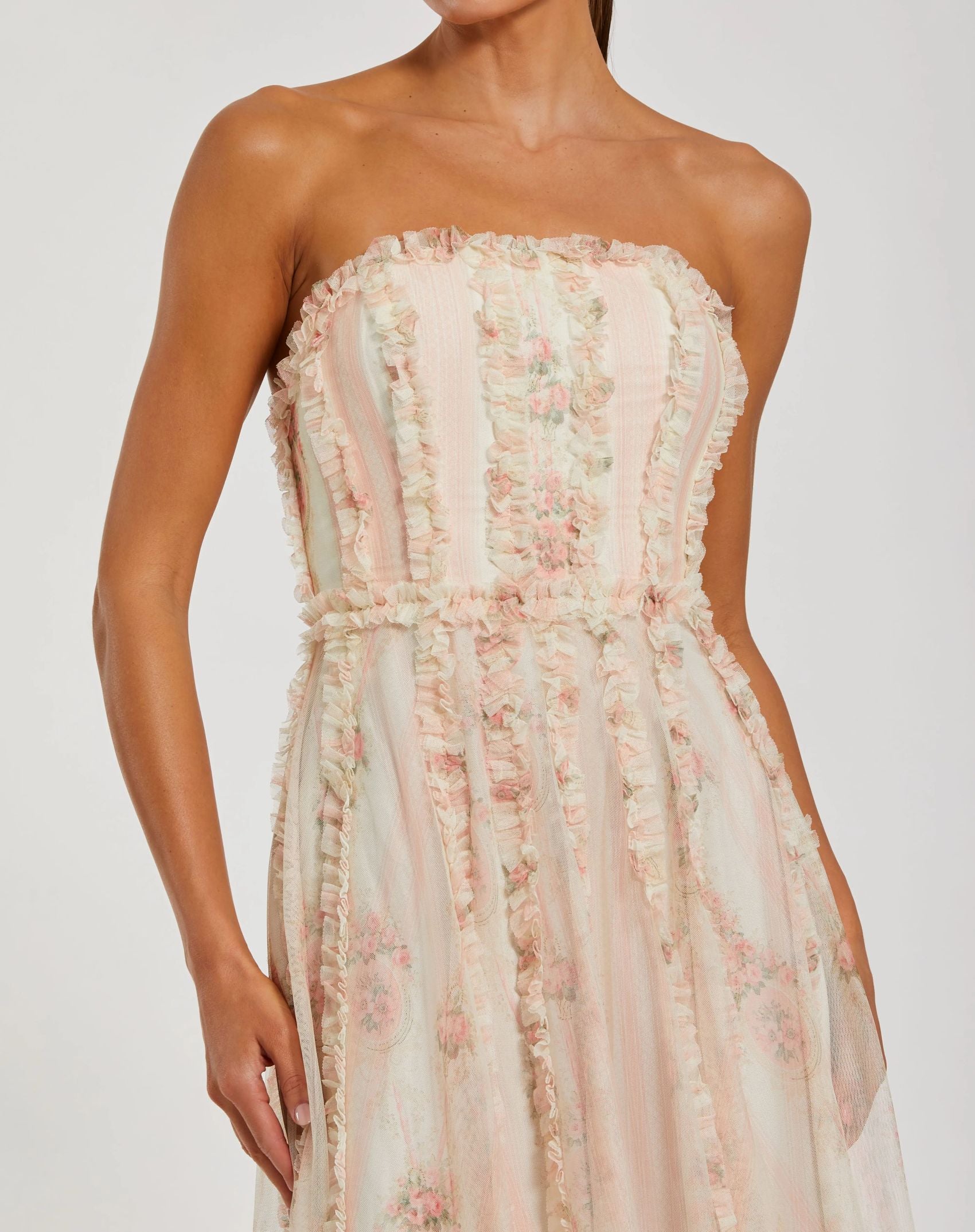 Pink and White Strapless Floral Ruffle Dress-Myartka