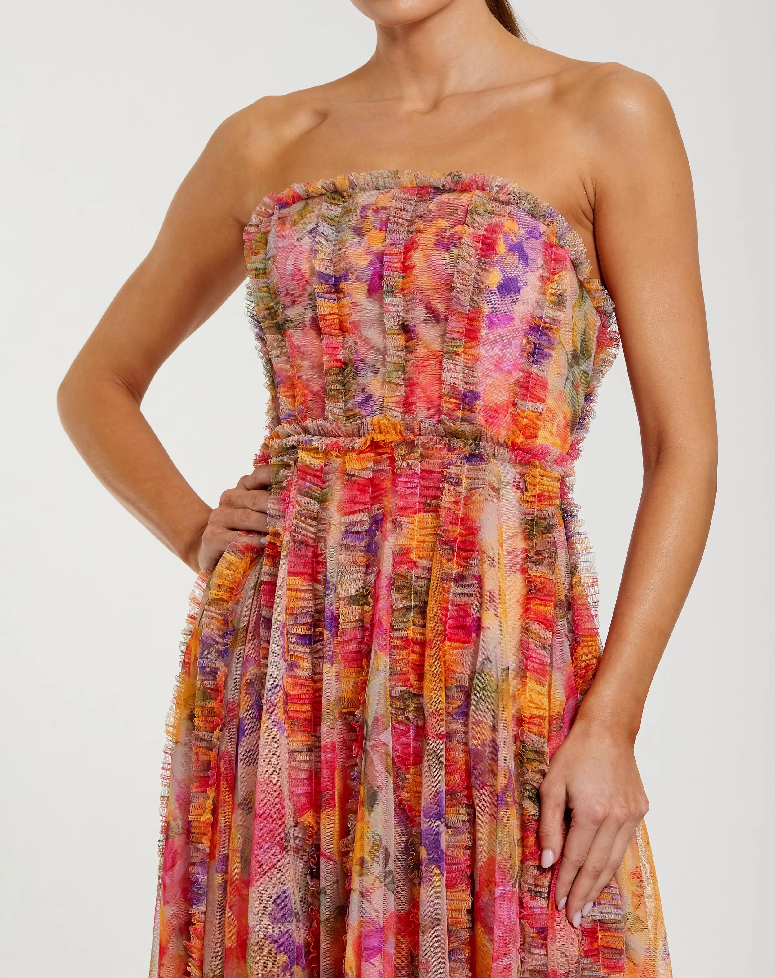 Multicolor Strapless Floral Ruffle Dress-Myartka