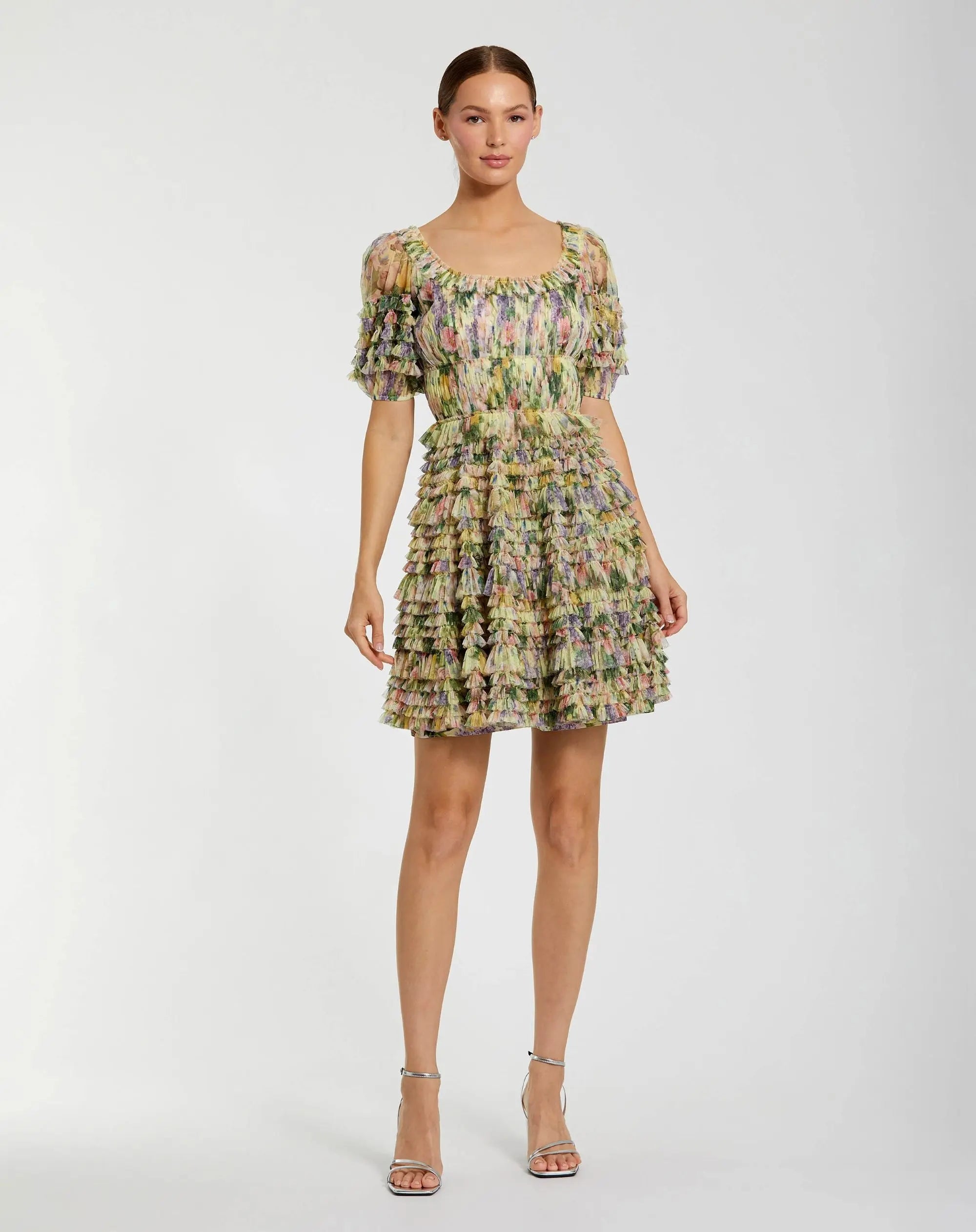 Multicolor Floral Puff Sleeve Ruffle Mini Dress-Myartka