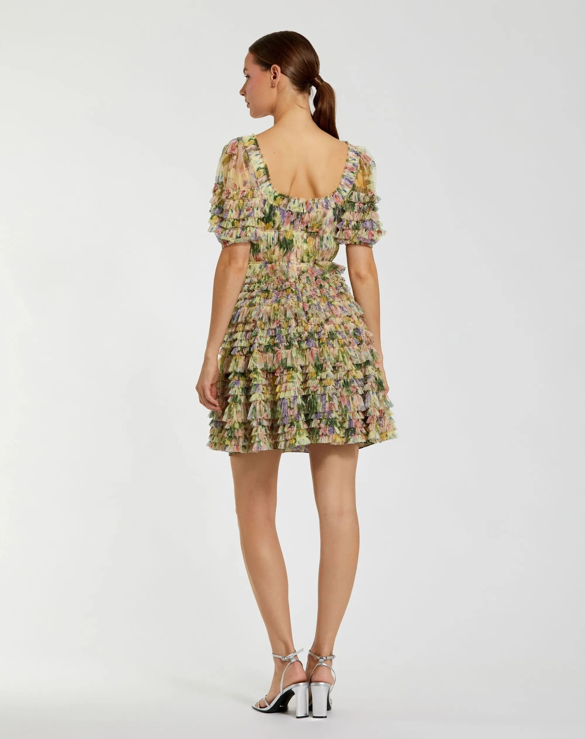 Multicolor Floral Puff Sleeve Ruffle Mini Dress-Myartka