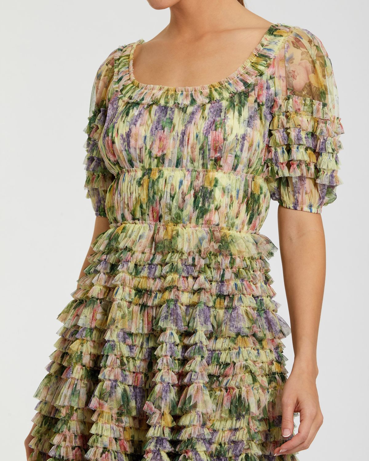 Multicolor Floral Puff Sleeve Ruffle Mini Dress-Myartka