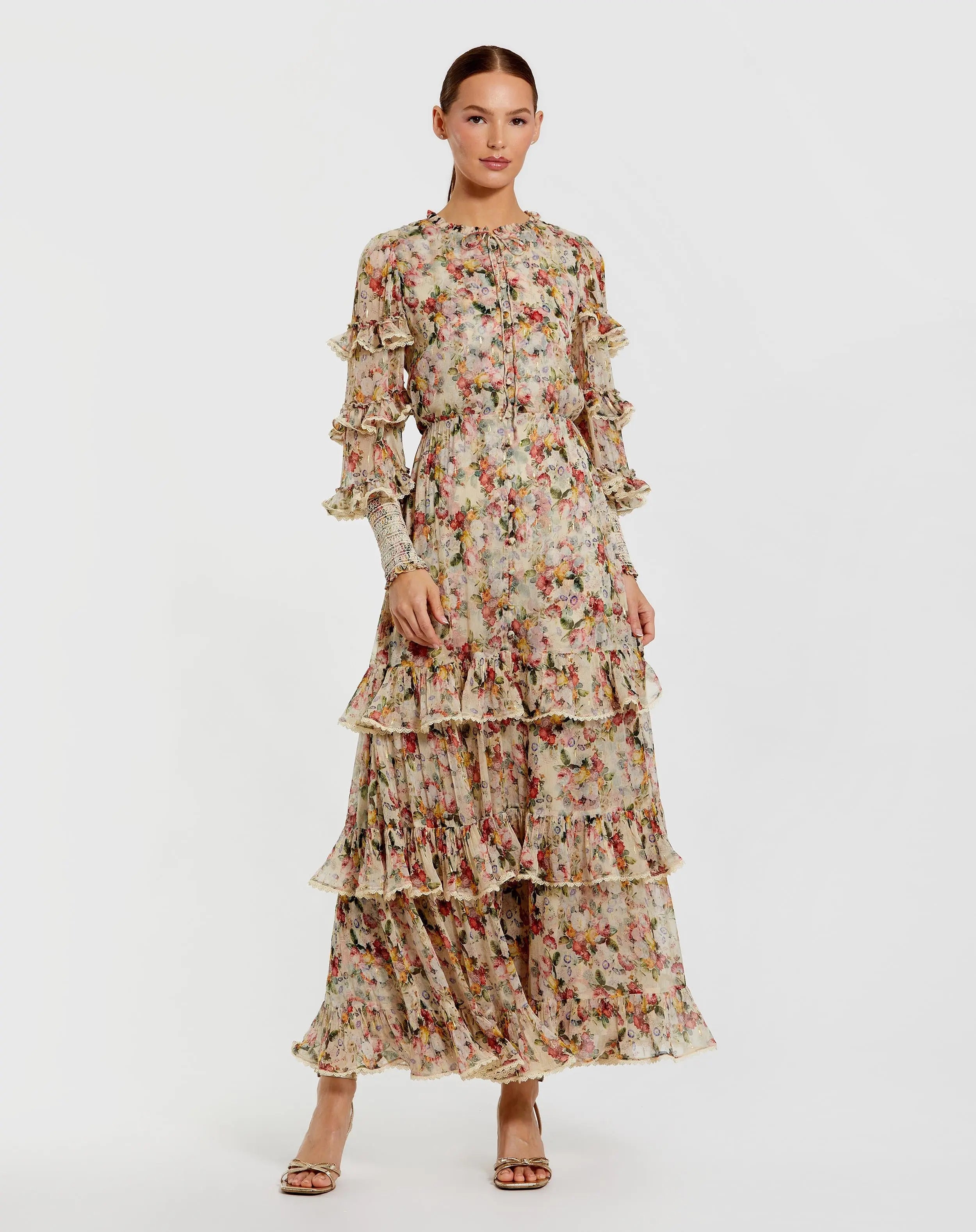 Beige Floral Tiered Ruffle Midi Dress with Long Sleeves-Myartka